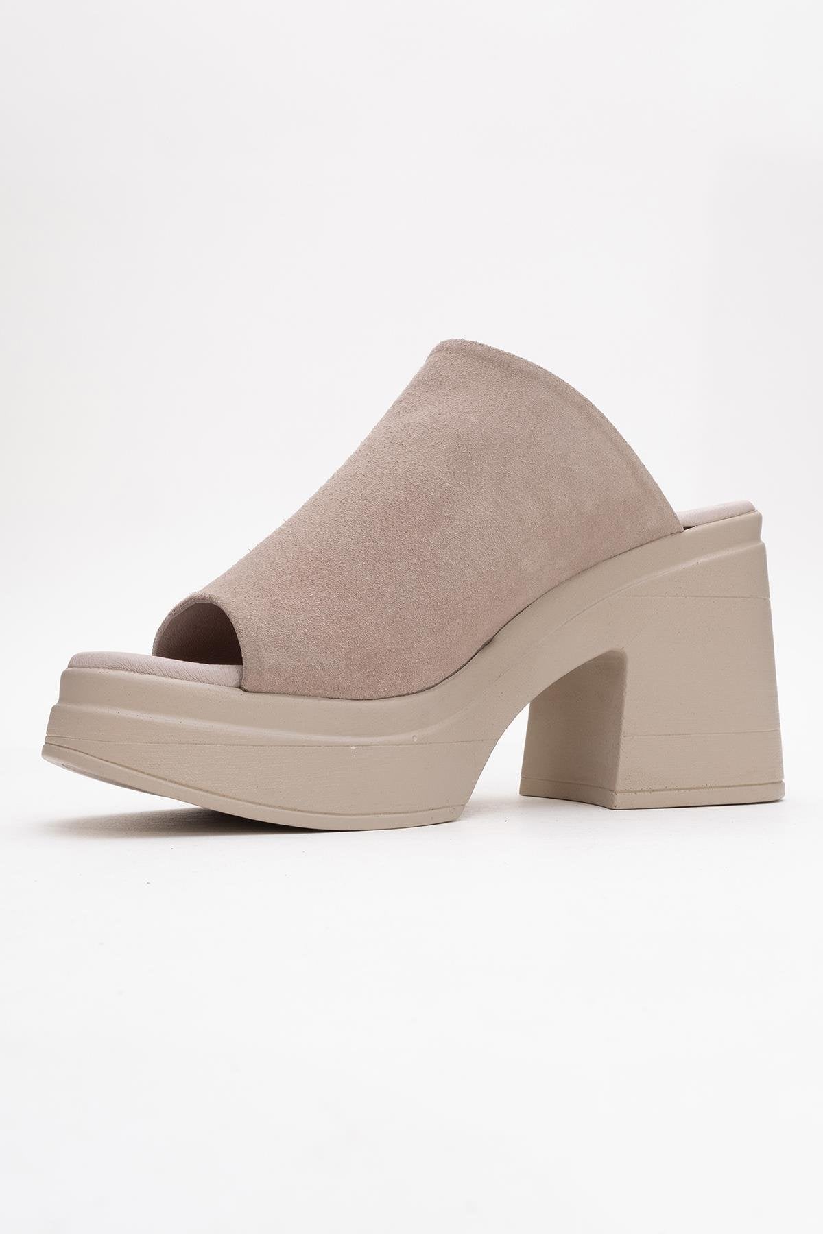 Nola - Dark Beige Suede Leather Heeled Mules – heel view showing leather, suede, Vowalisse
