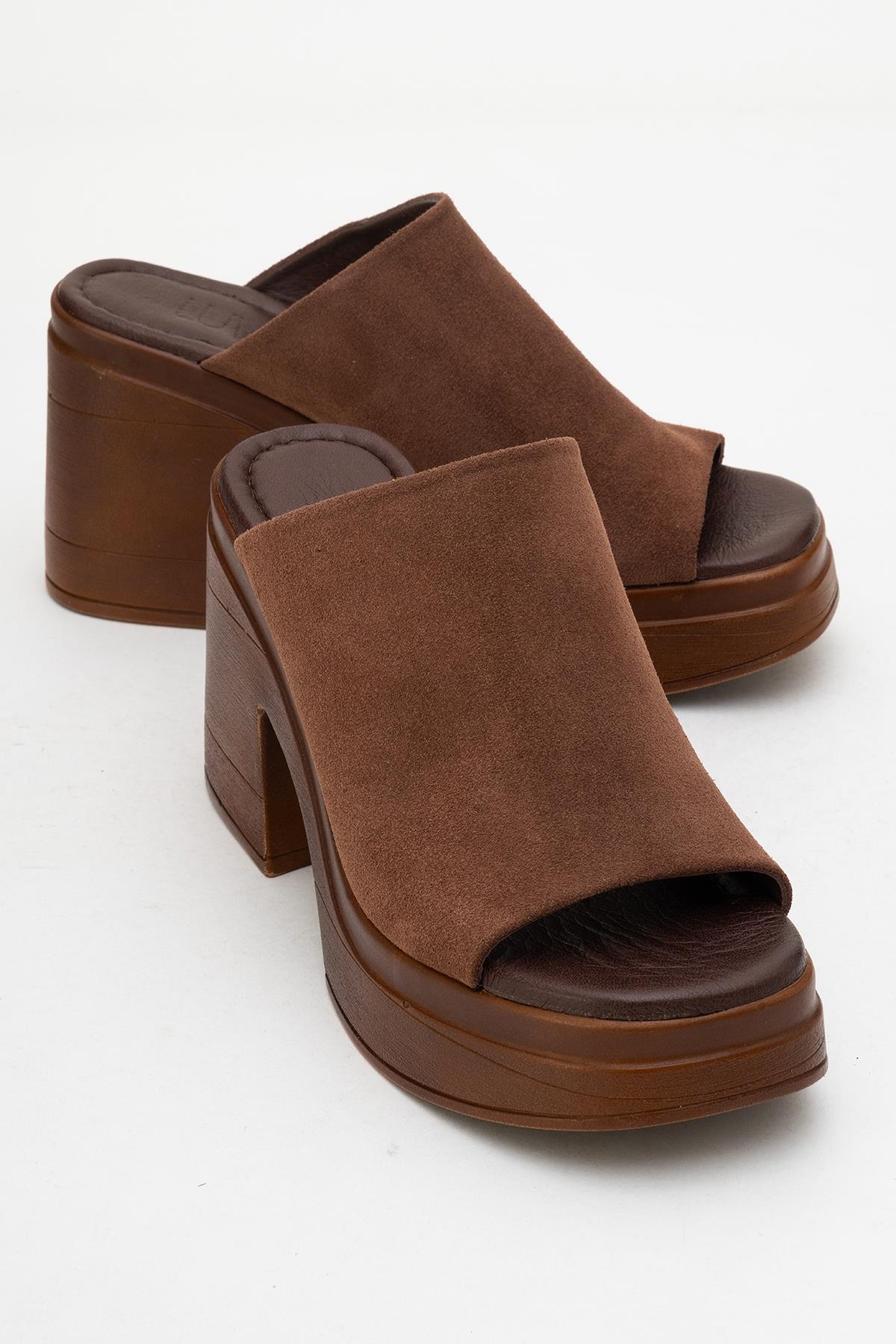 Nola - Dark Brown Suede Leather Heeled Mules – front three-quarter view showing leather, suede, Vowalisse