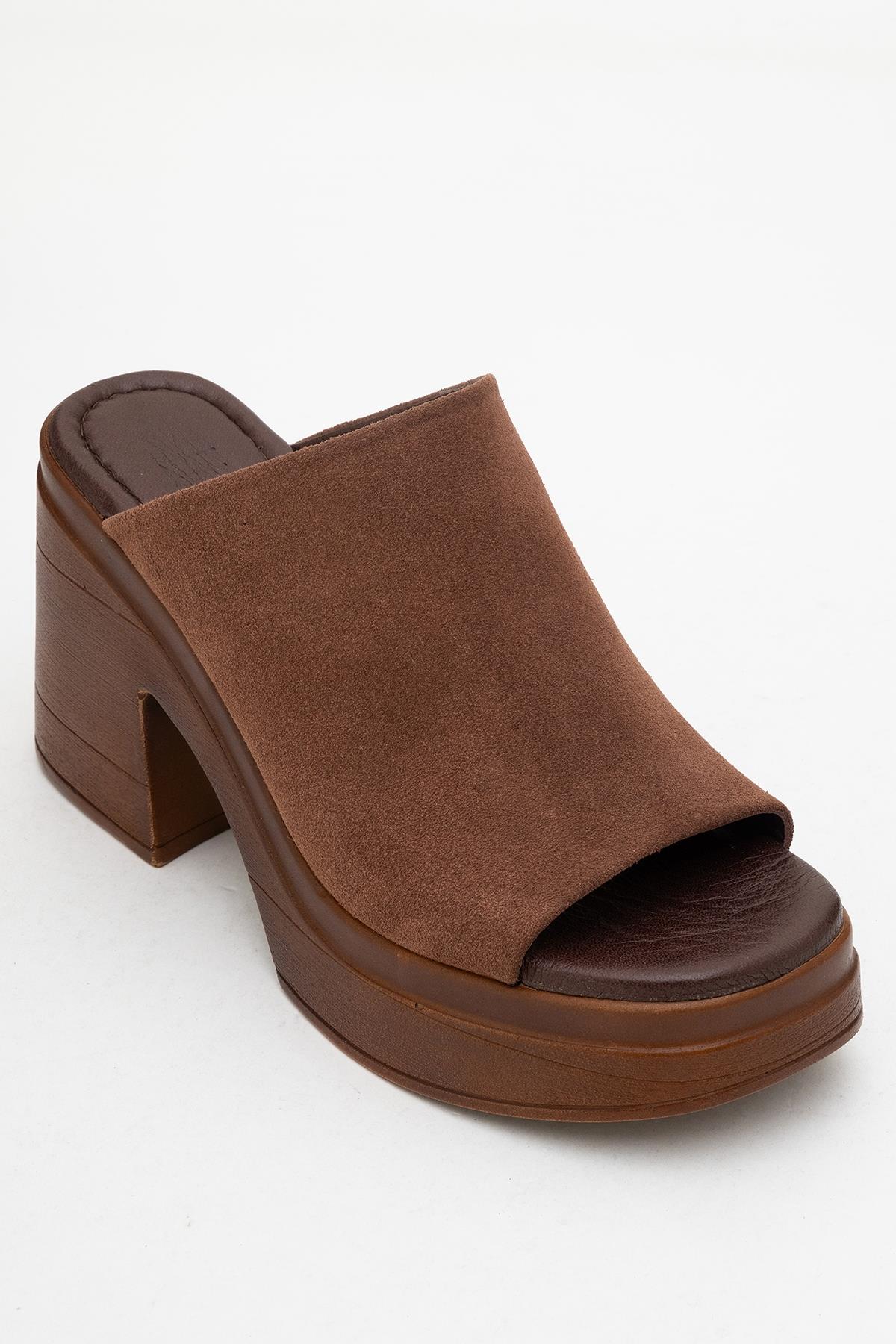 Nola - Dark Brown Suede Leather Heeled Mules – detail view showing leather, suede, Vowalisse