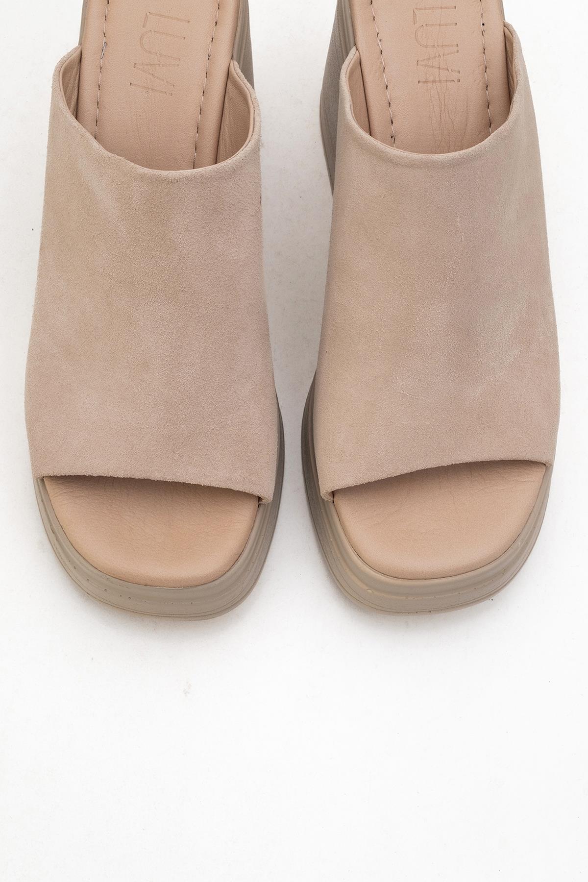 Nola - Beige Suede Leather Heeled Mules – side view showing leather, suede, Vowalisse