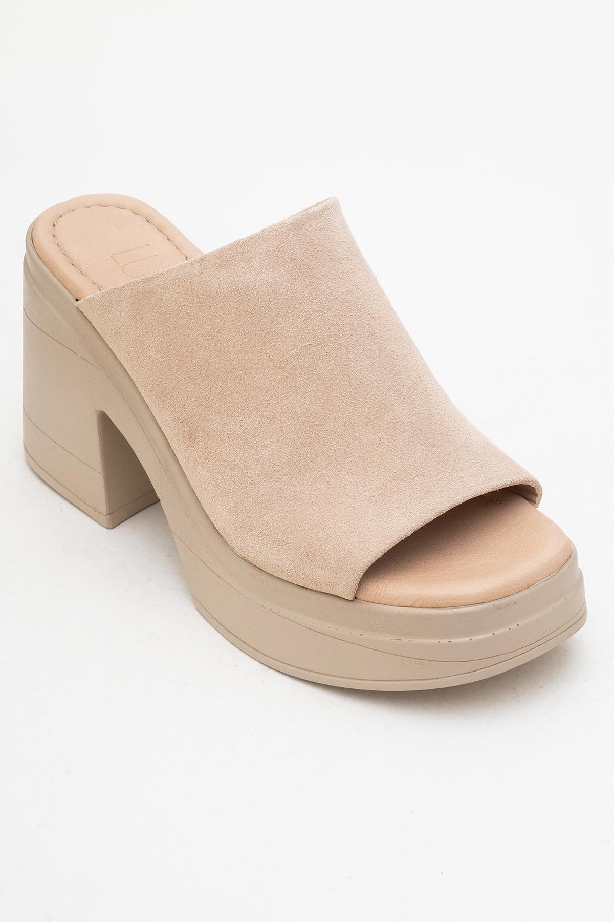 Nola - Beige Suede Leather Heeled Mules – detail view showing leather, suede, Vowalisse