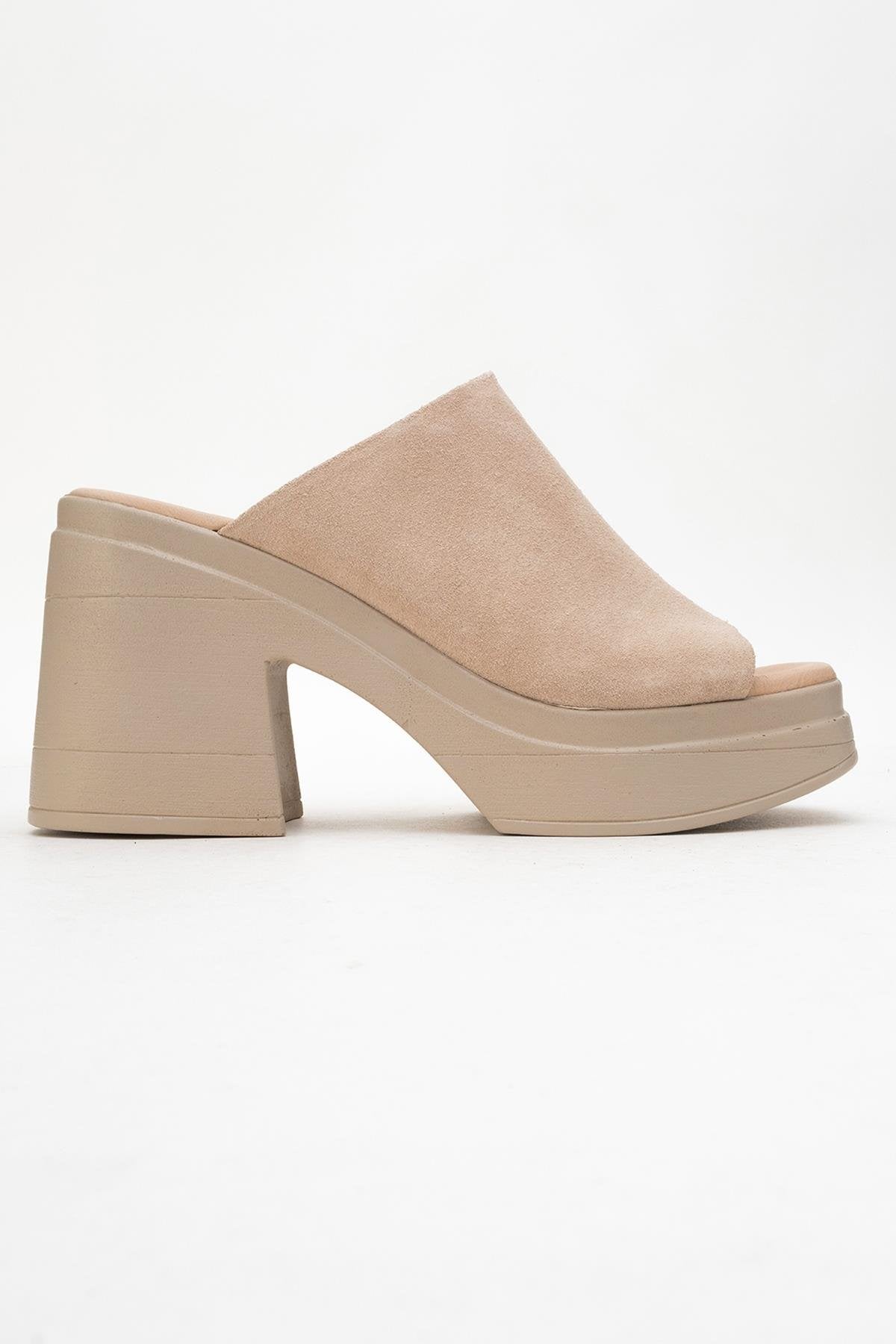 Nola - Beige Suede Leather Heeled Mules – top view showing leather, suede, Vowalisse