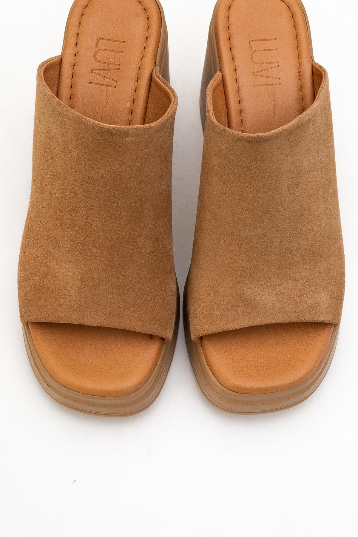 Nola - Cognac Brown Suede Leather Heeled Mules – side view showing leather, suede, Vowalisse
