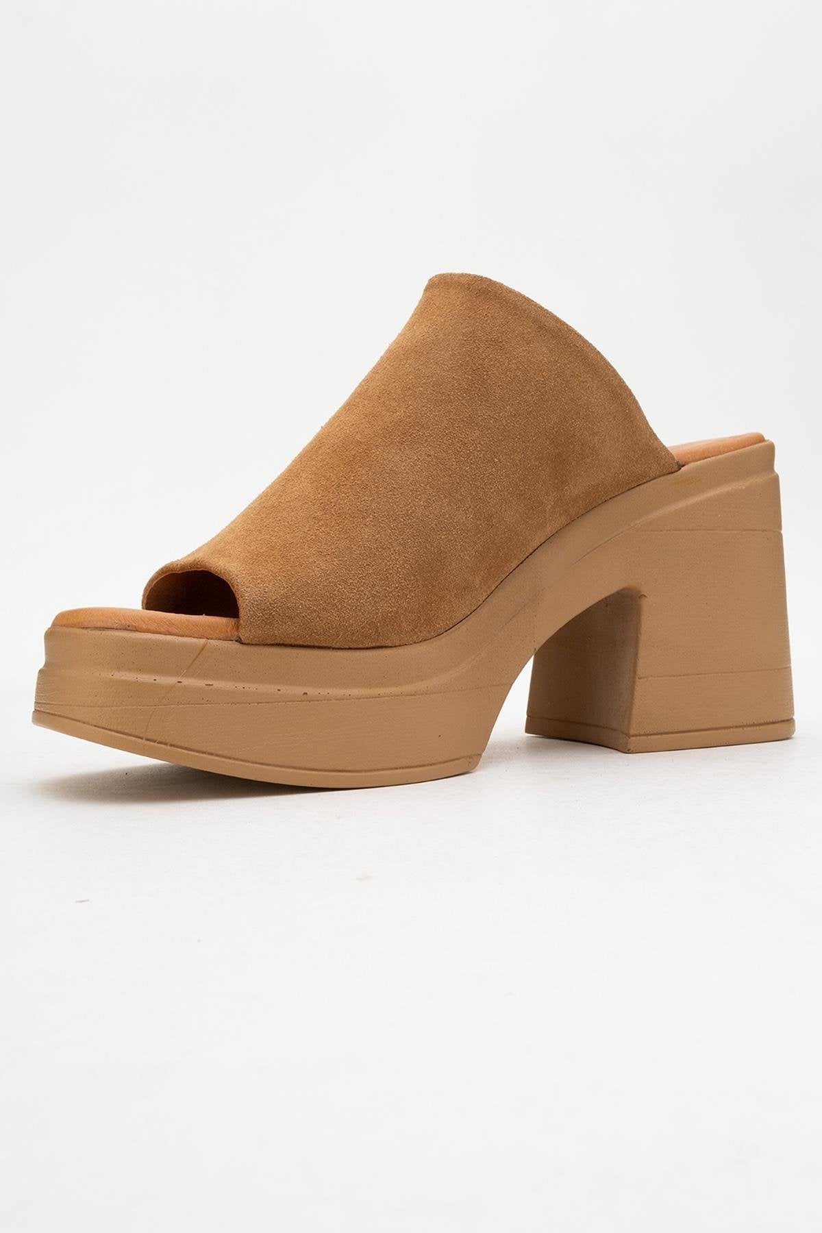 Nola - Cognac Brown Suede Leather Heeled Mules – heel view showing leather, suede, Vowalisse