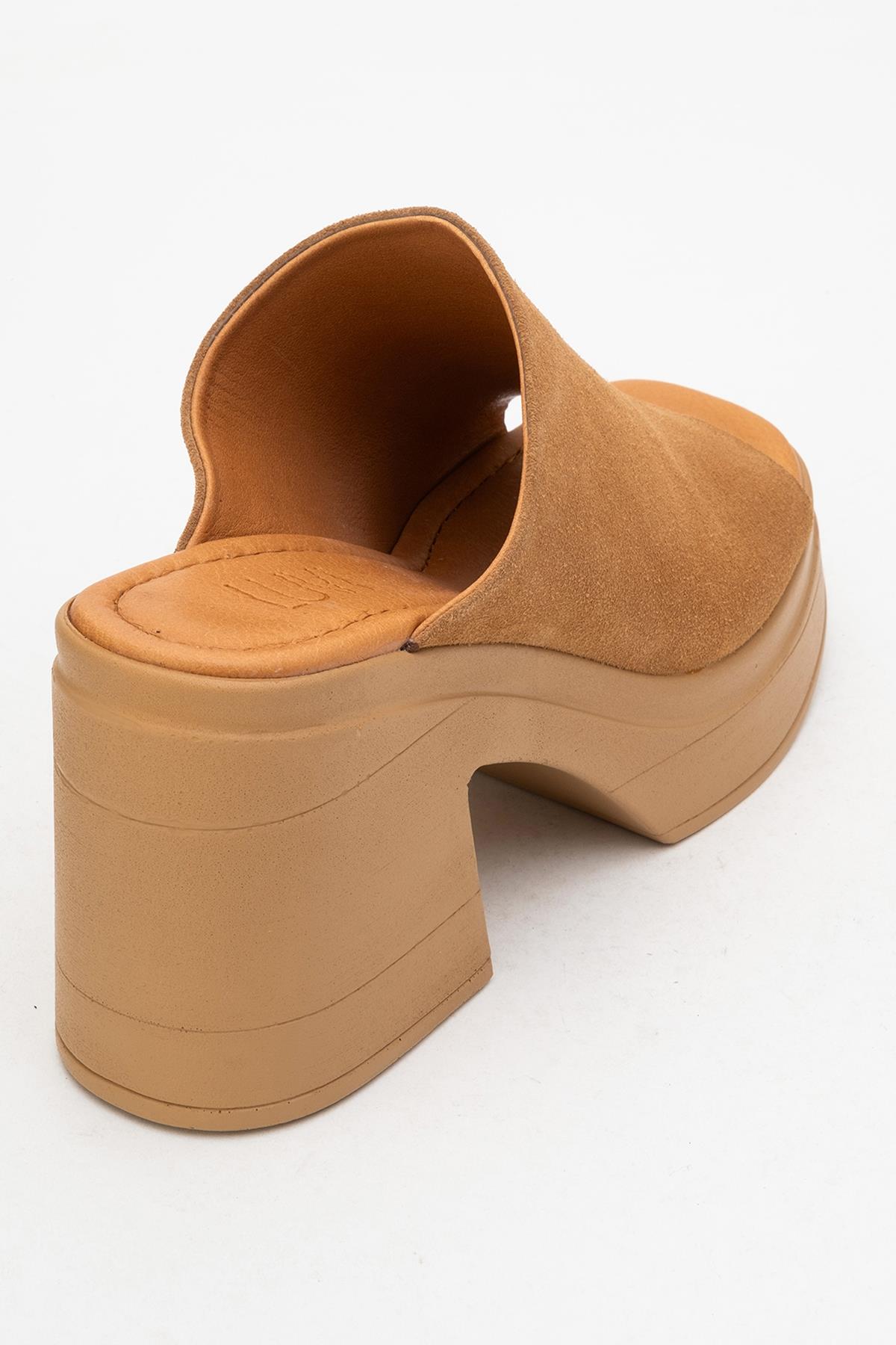 Nola - Cognac Brown Suede Leather Heeled Mules – back view showing leather, suede, Vowalisse