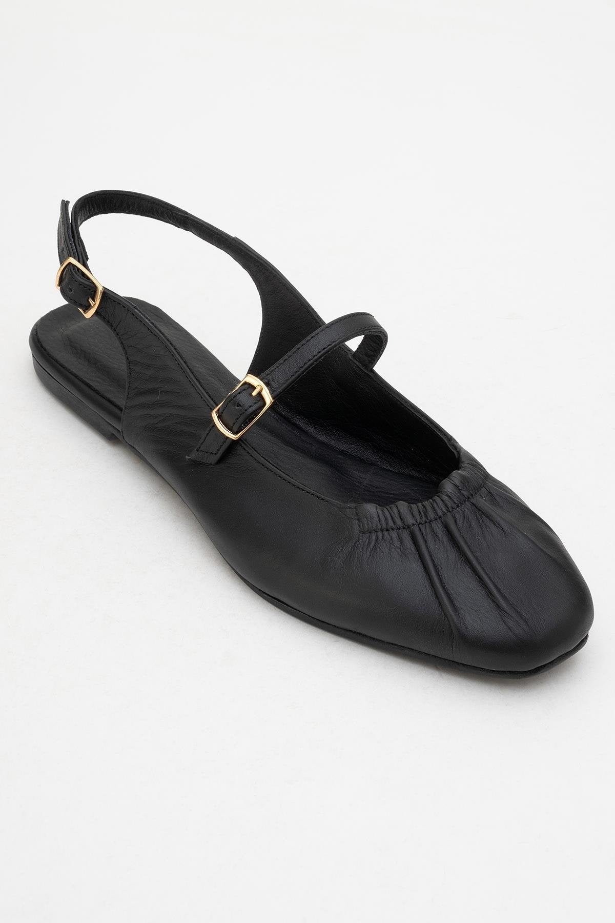 BRITNEY Black Leather Closed-Toe Sandal – detail view showing leather, black, red, Vowalisse