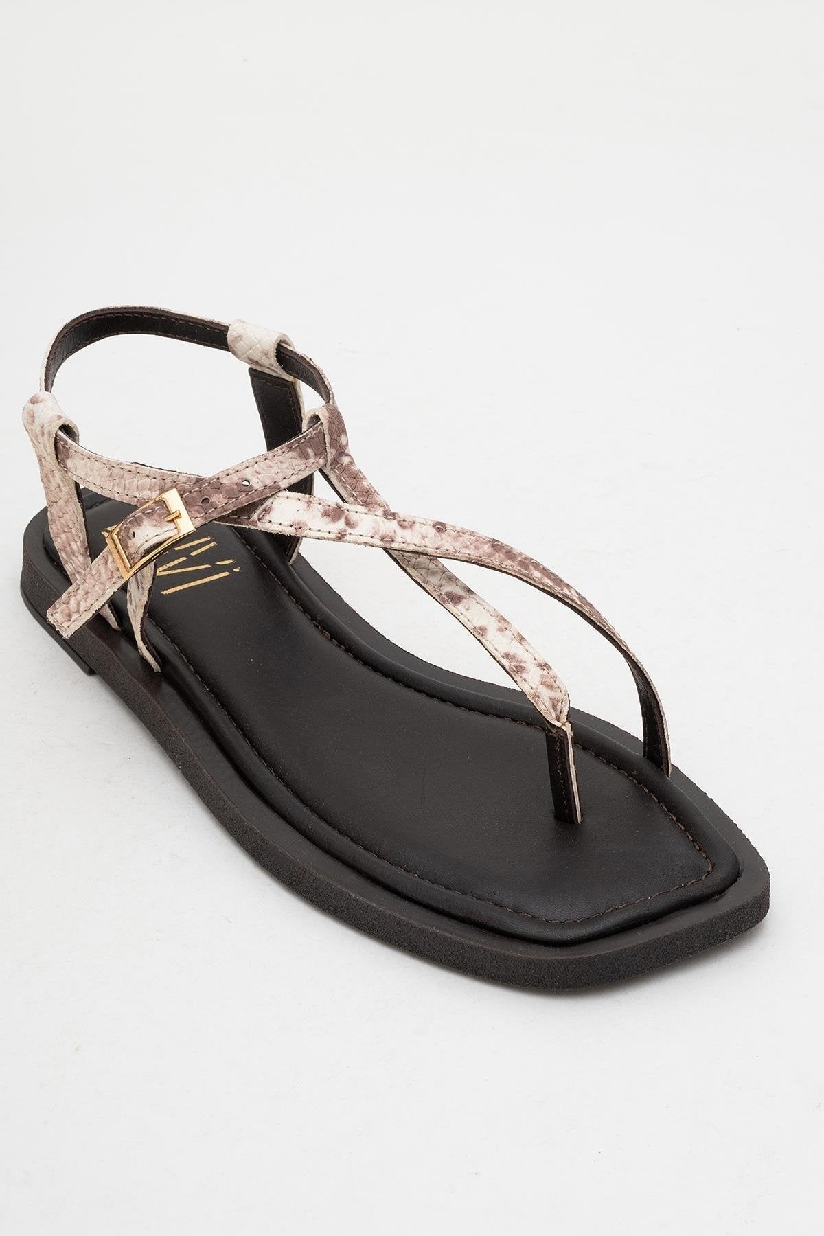 Morgana Brown Leather Thong Sandal – detail view showing leather, Vowalisse