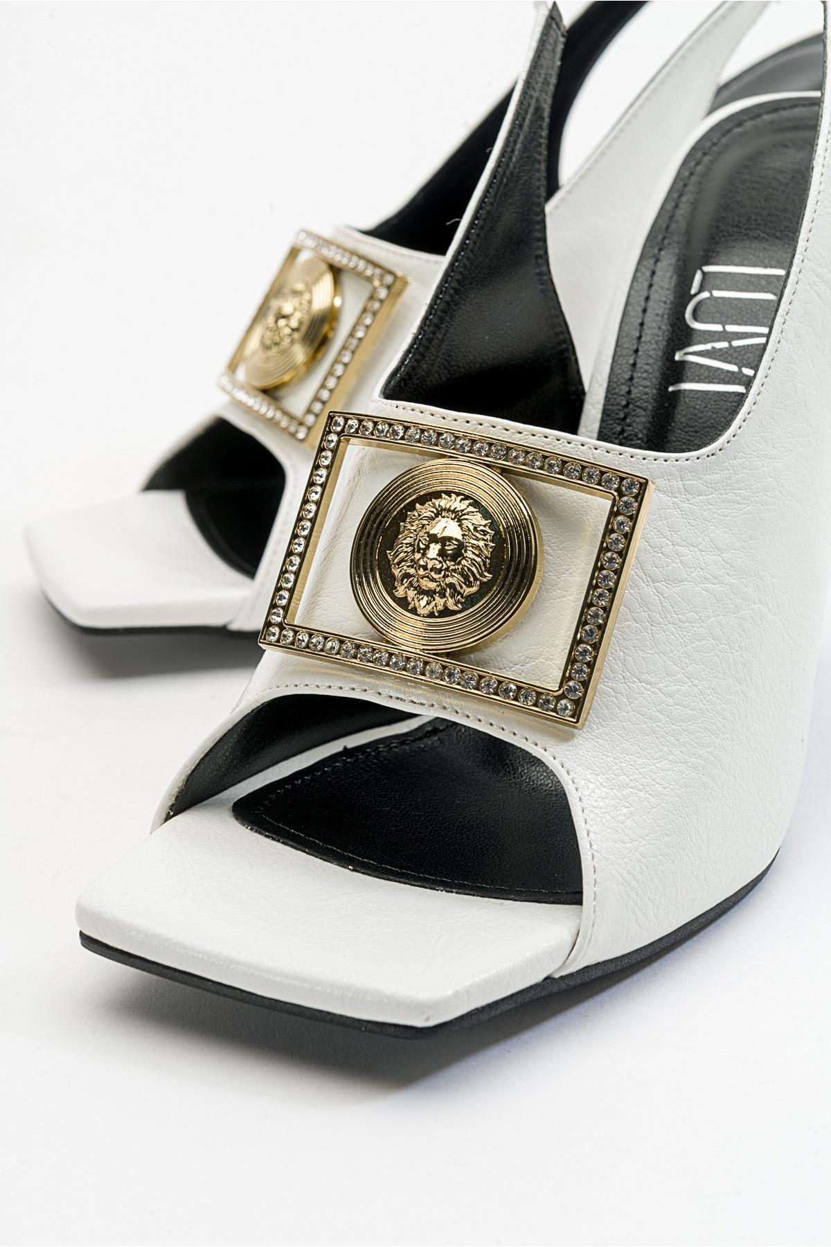 Olney - White Heeled Shoe – detail view showing leather, white, Vowalisse