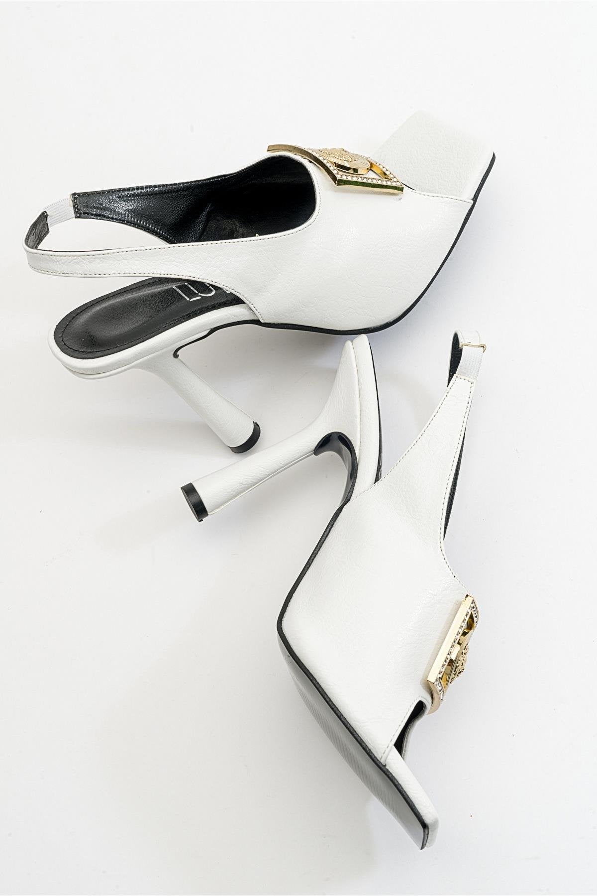 Olney - White Heeled Shoe – top view showing leather, white, Vowalisse