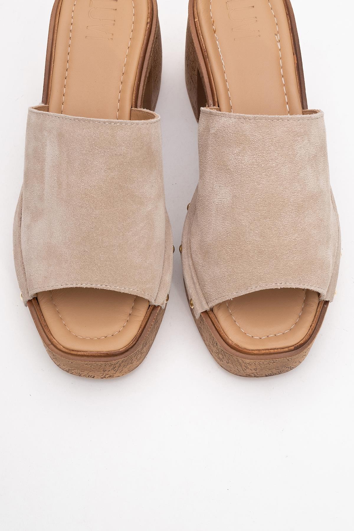 Pull - Beige Suede Leather Heeled Mules – side view showing leather, suede, red, Vowalisse