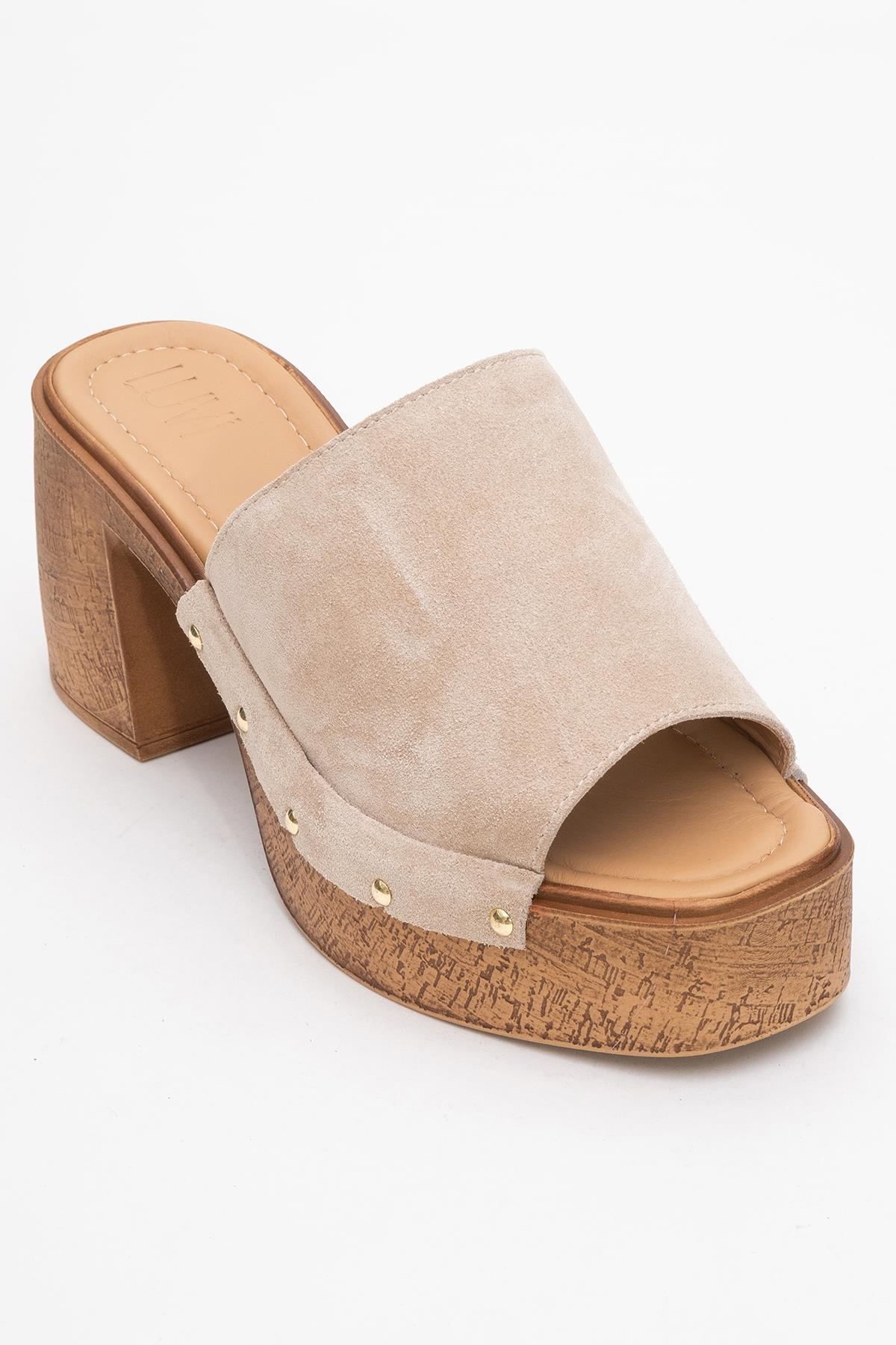 Pull - Beige Suede Leather Heeled Mules – detail view showing leather, suede, red, Vowalisse