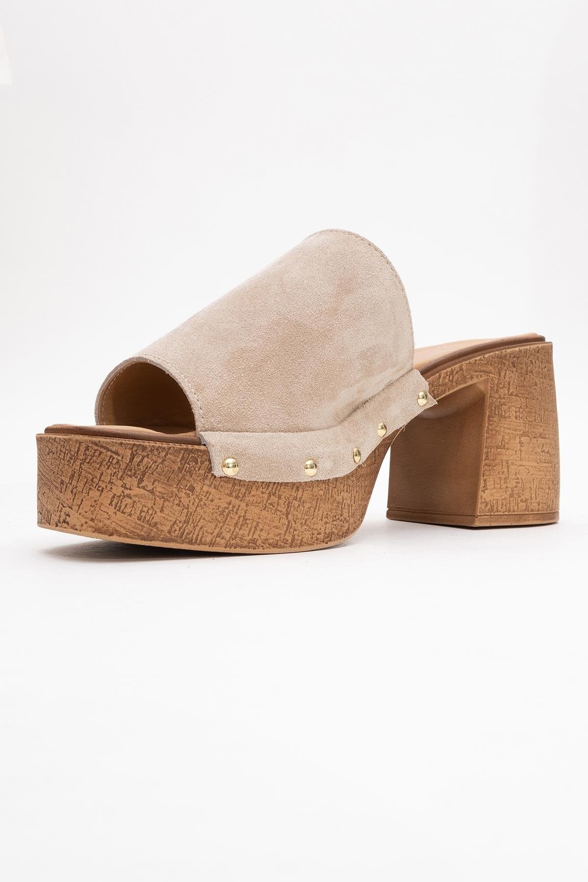 Pull - Beige Suede Leather Heeled Mules – heel view showing leather, suede, red, Vowalisse