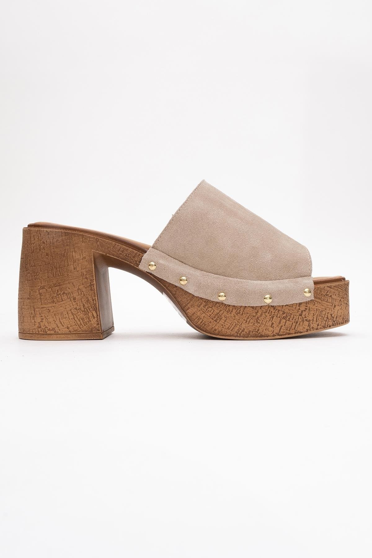 Pull - Beige Suede Leather Heeled Mules – top view showing leather, suede, red, Vowalisse