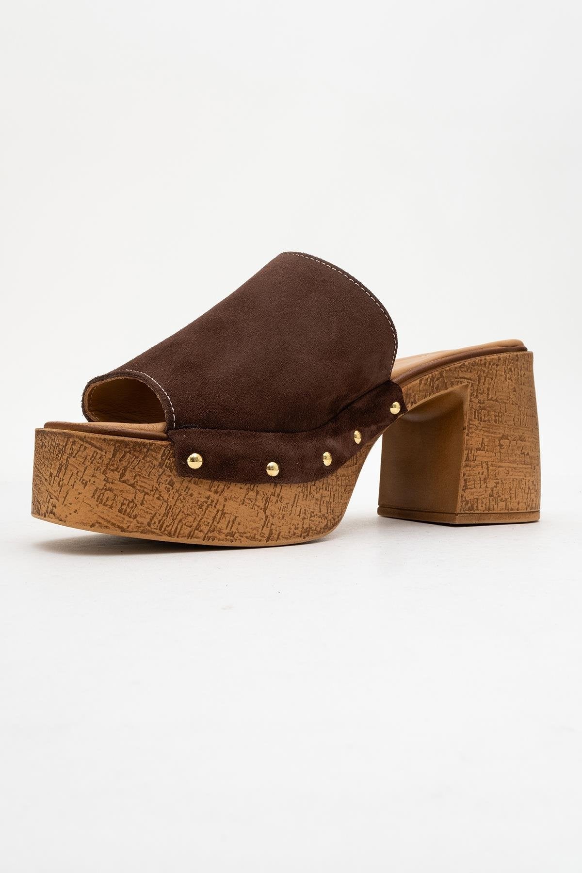 Pull - Dark Brown Suede Leather Heeled Mules – heel view showing leather, suede, red, Vowalisse