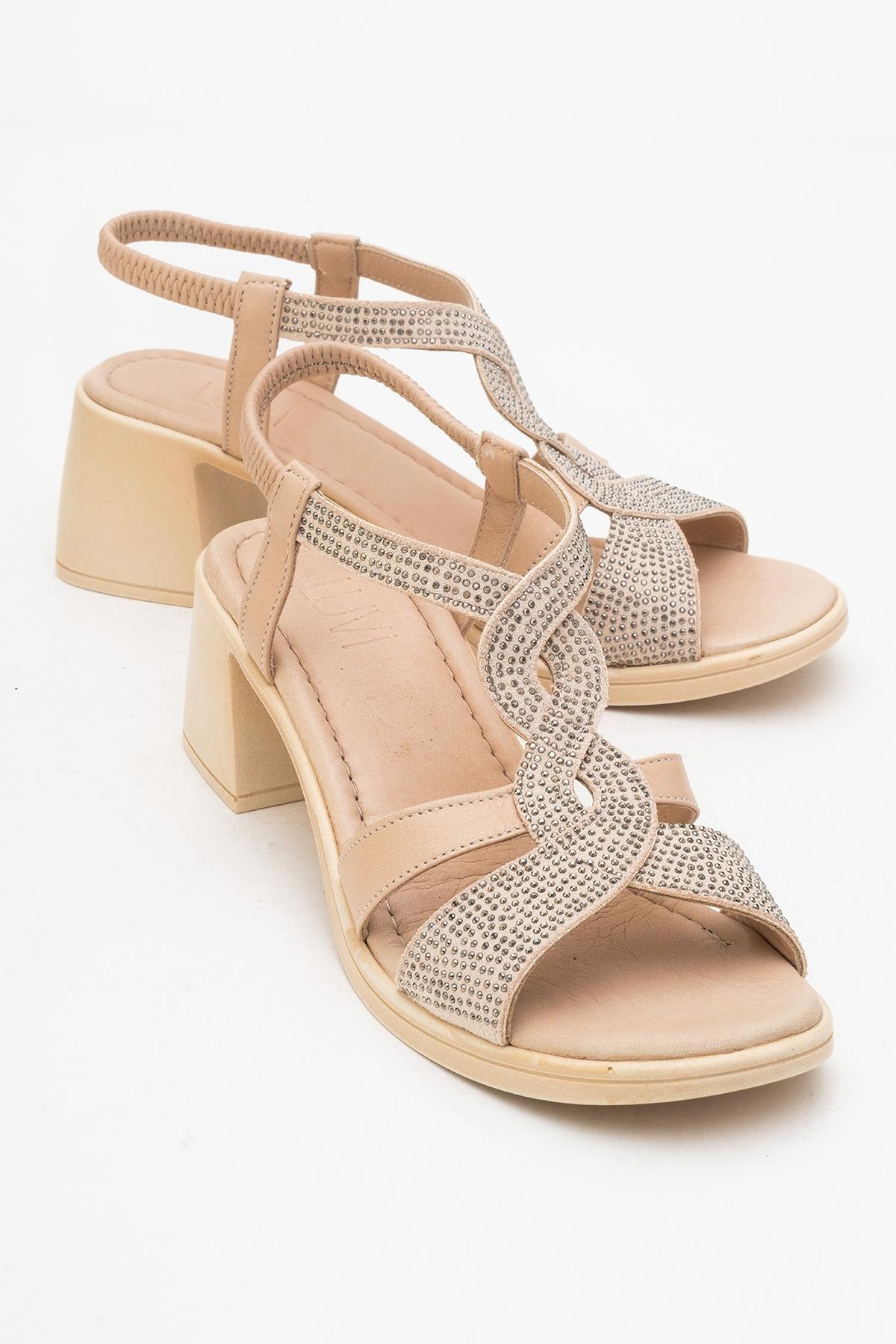 Dolen Beige Leather Chunky Sandal – front three-quarter view showing leather, red, Vowalisse