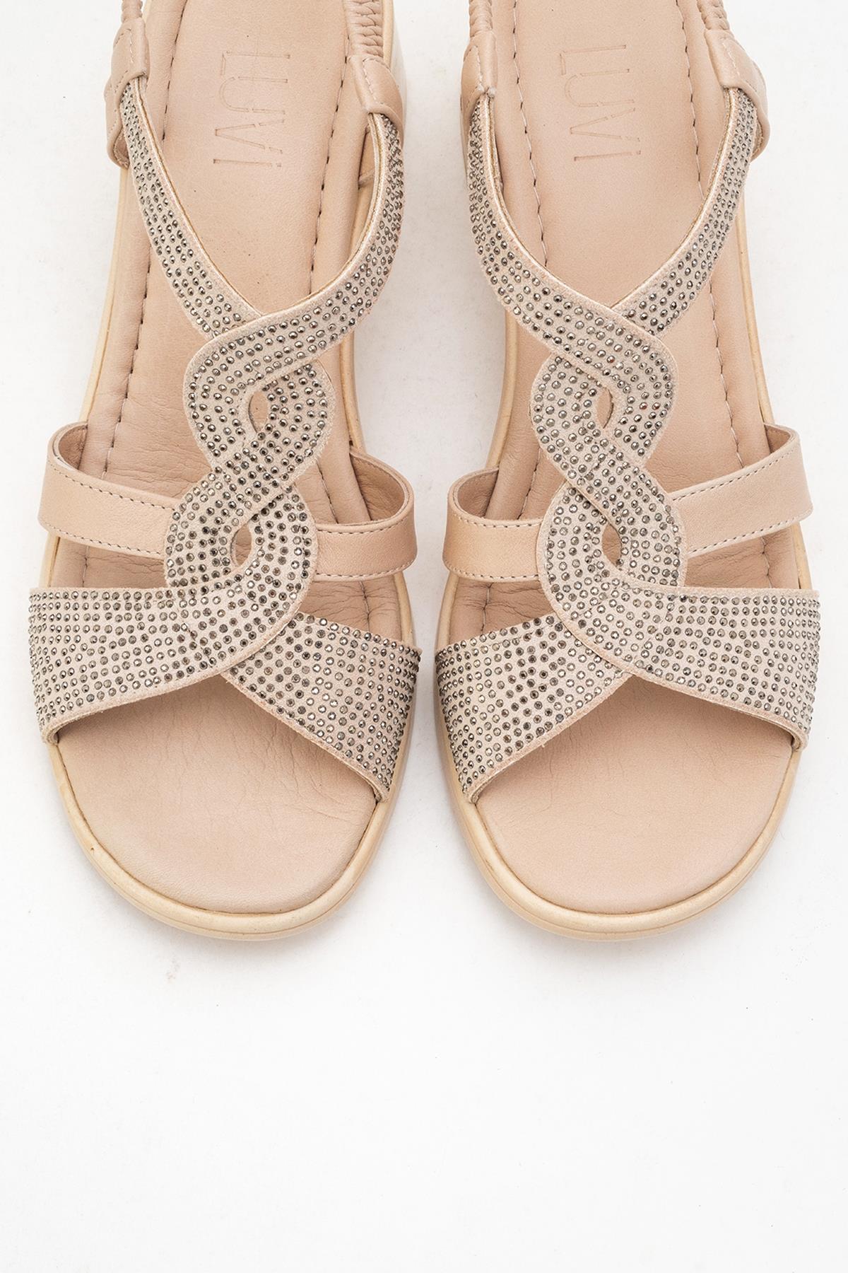 Dolen Beige Leather Chunky Sandal – side view showing leather, red, Vowalisse