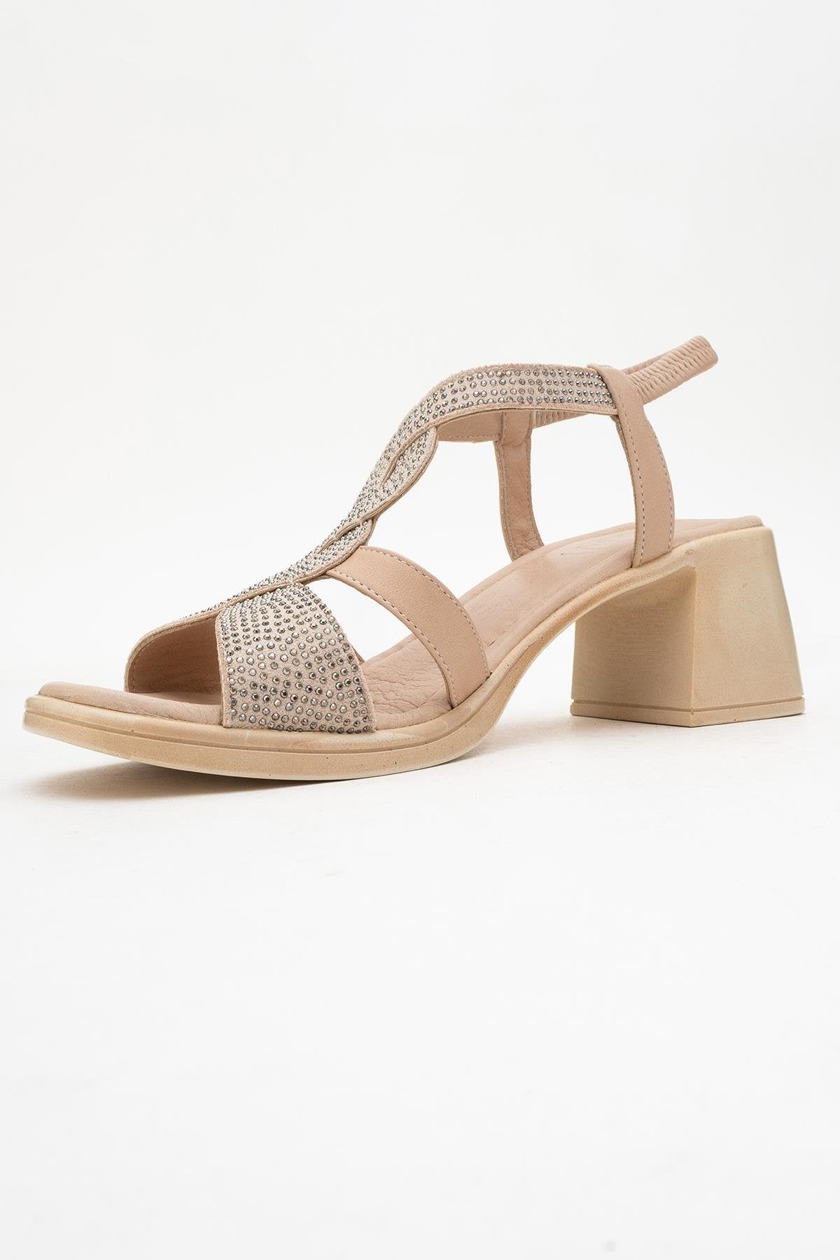Dolen Beige Leather Chunky Sandal – heel view showing leather, red, Vowalisse