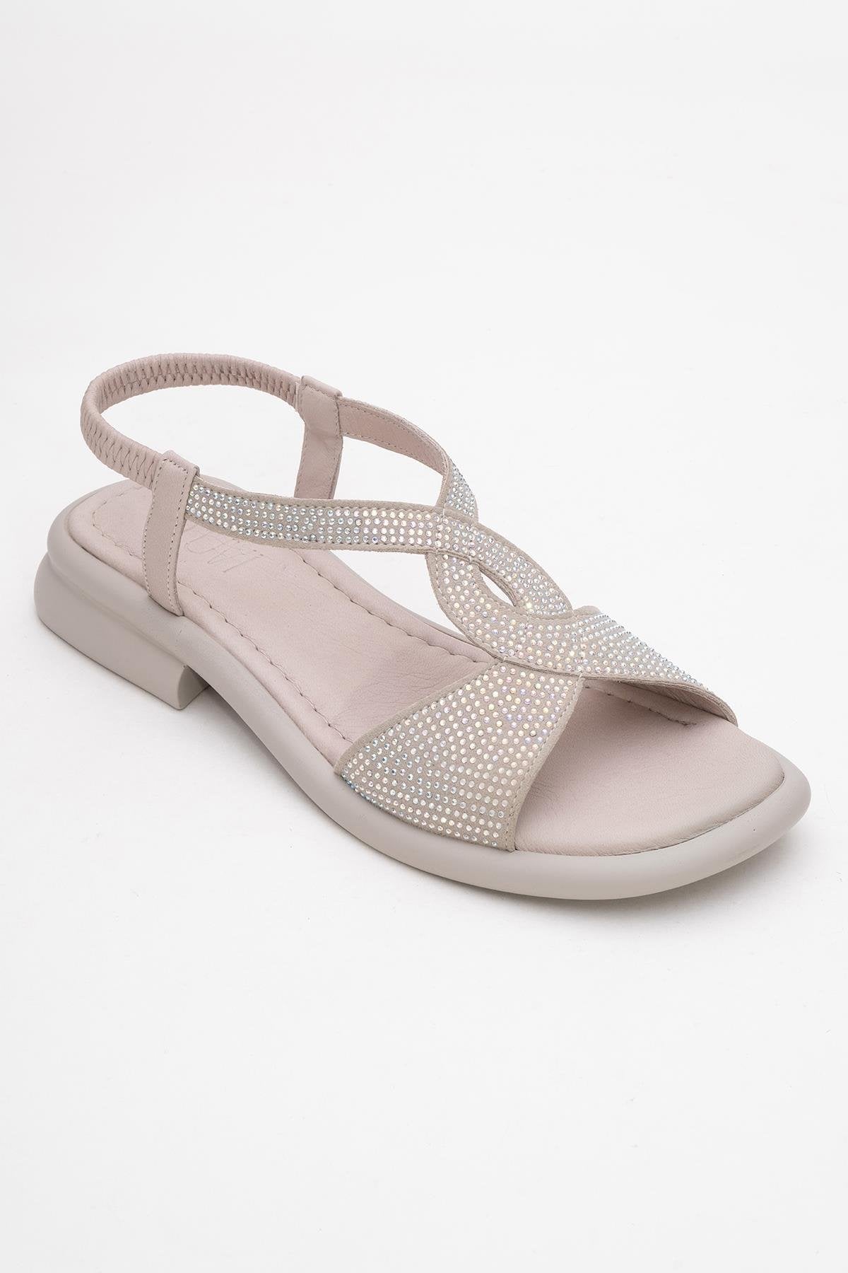 Sieglinde Light Pink Embellished Leather Sandal – detail view showing crystal, leather, pink, Vowalisse