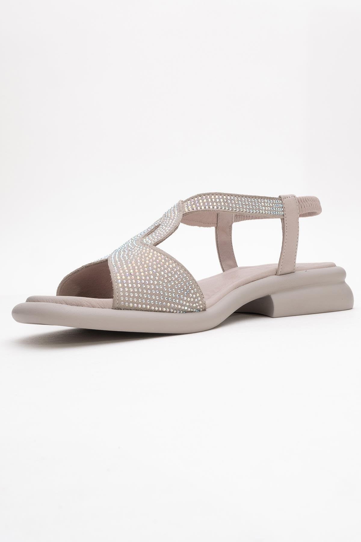 Sieglinde Light Pink Embellished Leather Sandal – heel view showing crystal, leather, pink, Vowalisse