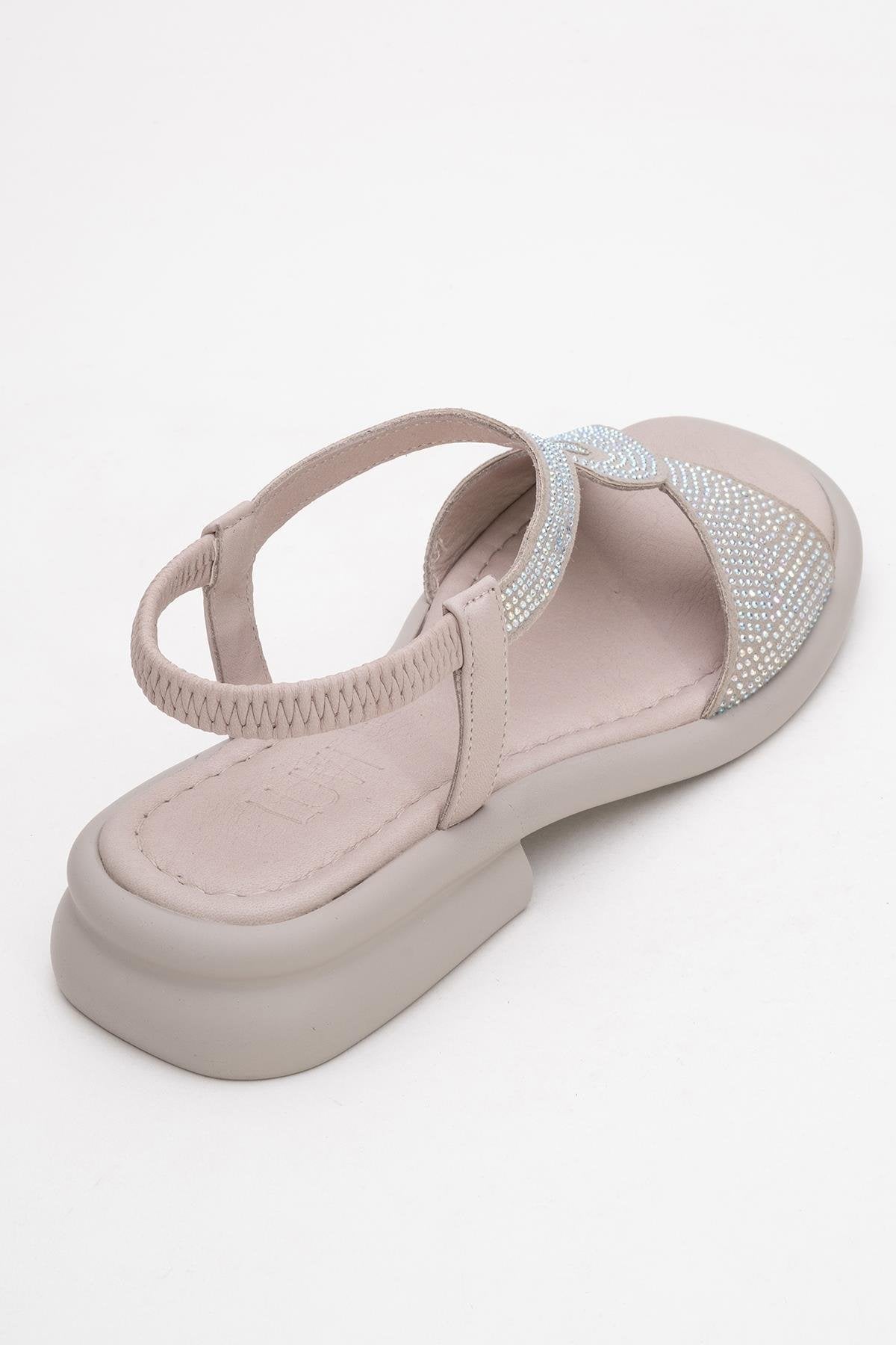 Sieglinde Light Pink Embellished Leather Sandal – back view showing crystal, leather, pink, Vowalisse