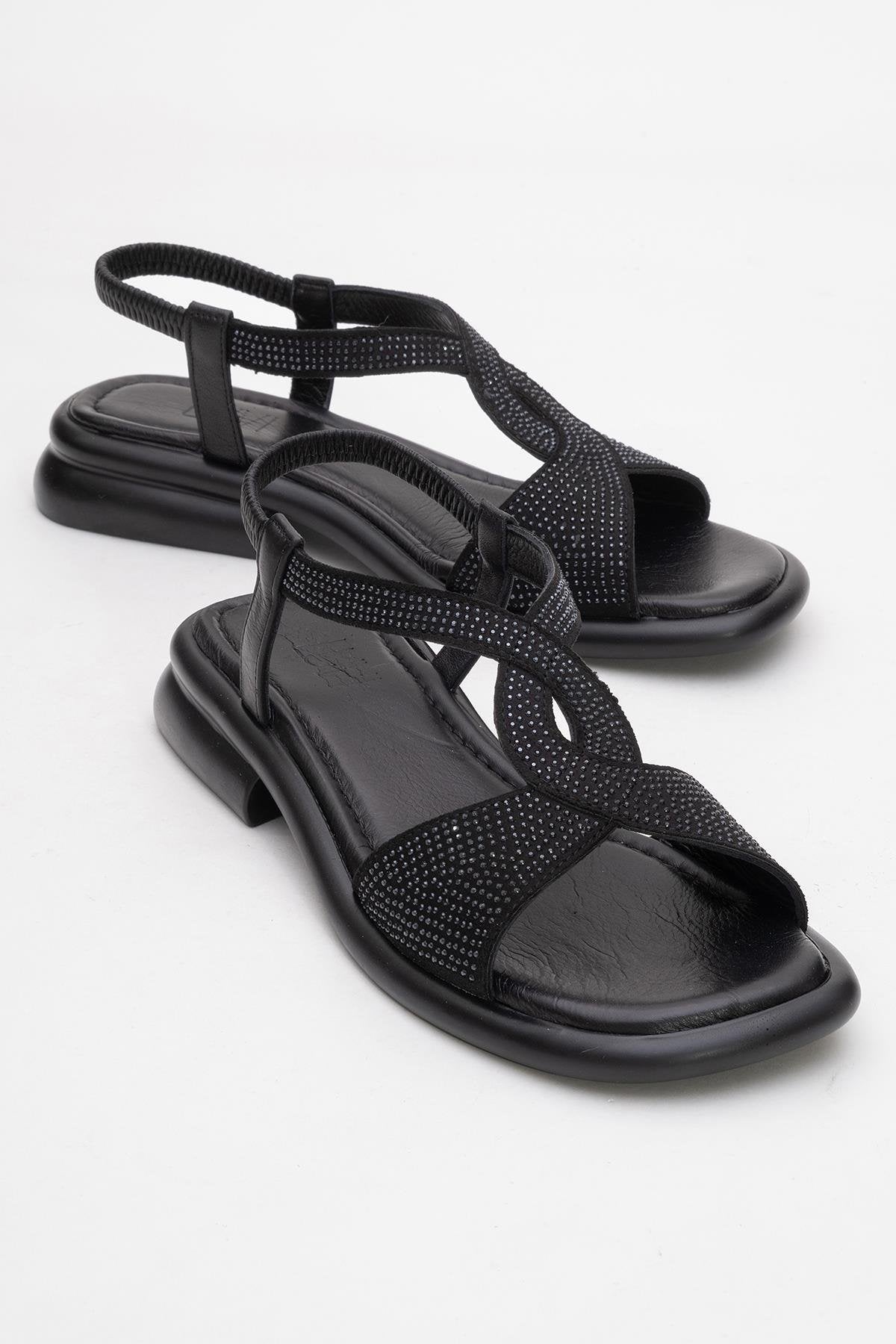 Sieglinde Black Embellished Leather Sandal – front three-quarter view showing crystal, leather, black, Vowalisse