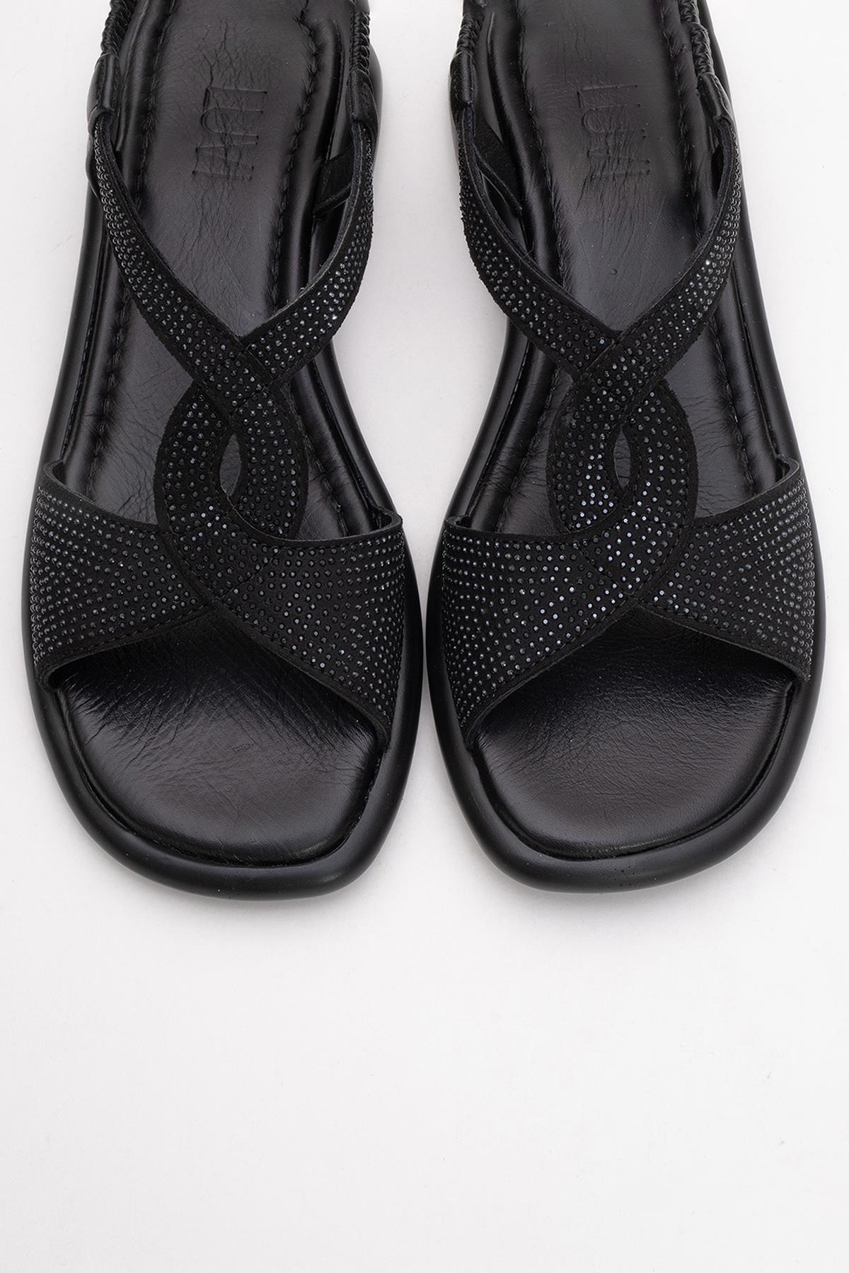 Sieglinde Black Embellished Leather Sandal – side view showing crystal, leather, black, Vowalisse