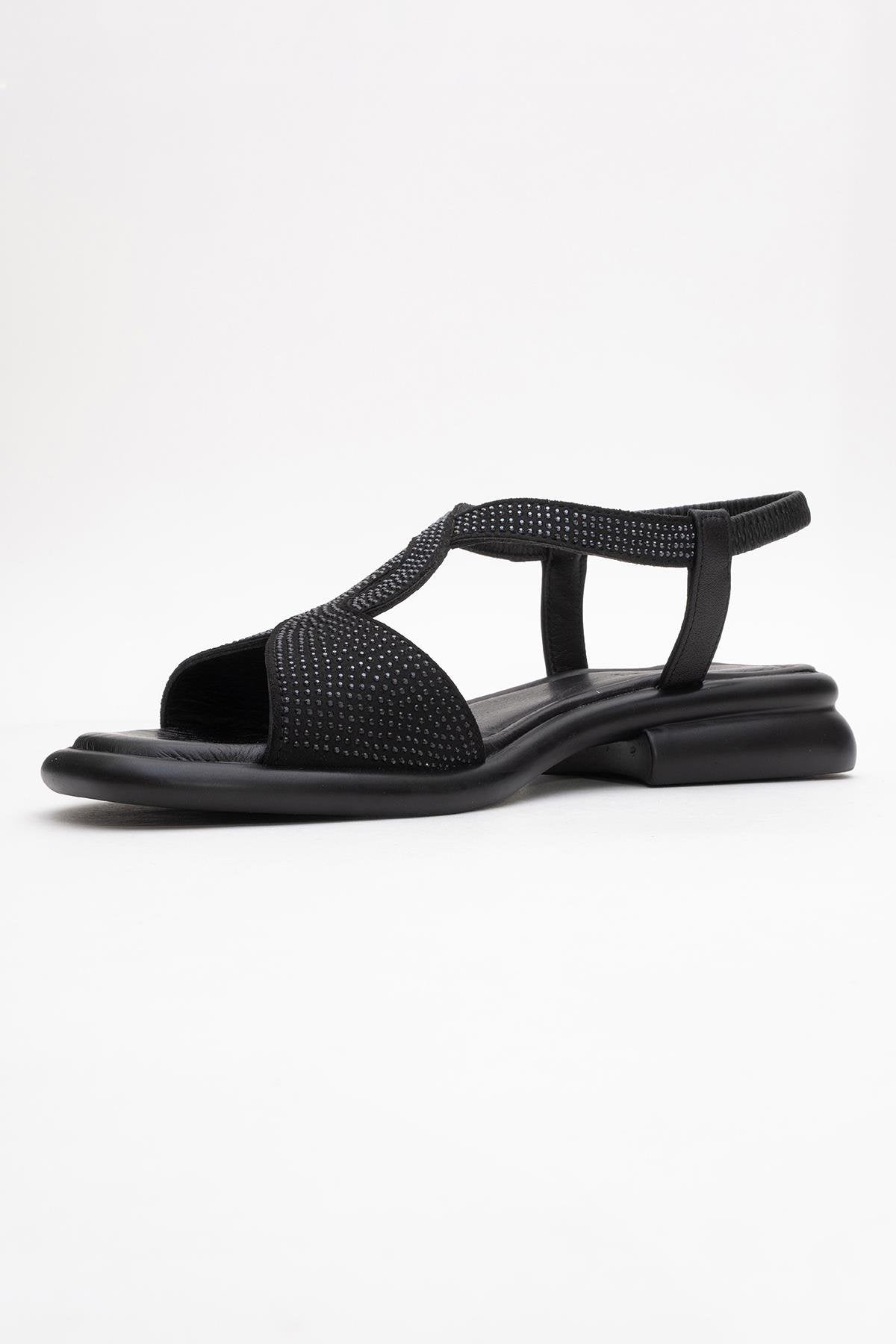 Sieglinde Black Embellished Leather Sandal – heel view showing crystal, leather, black, Vowalisse