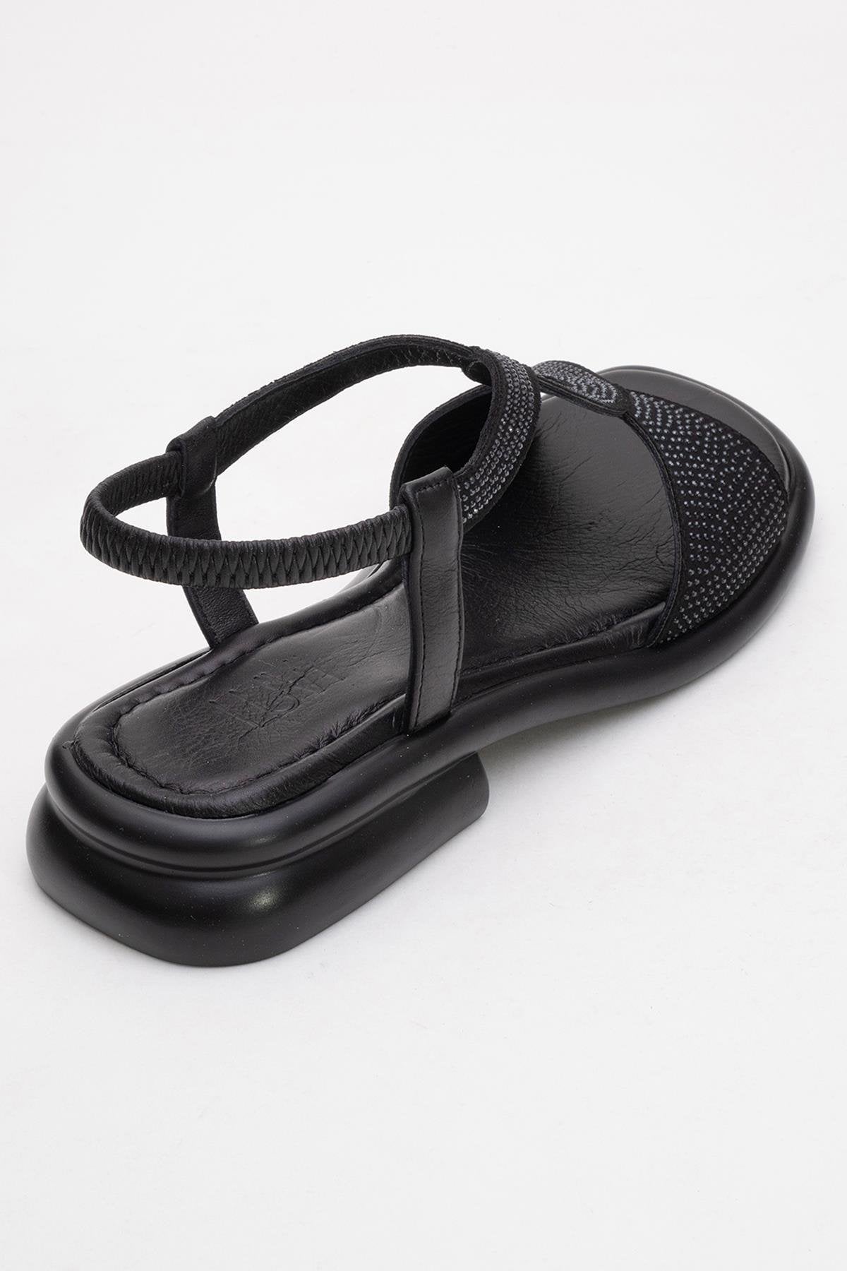 Sieglinde Black Embellished Leather Sandal – back view showing crystal, leather, black, Vowalisse