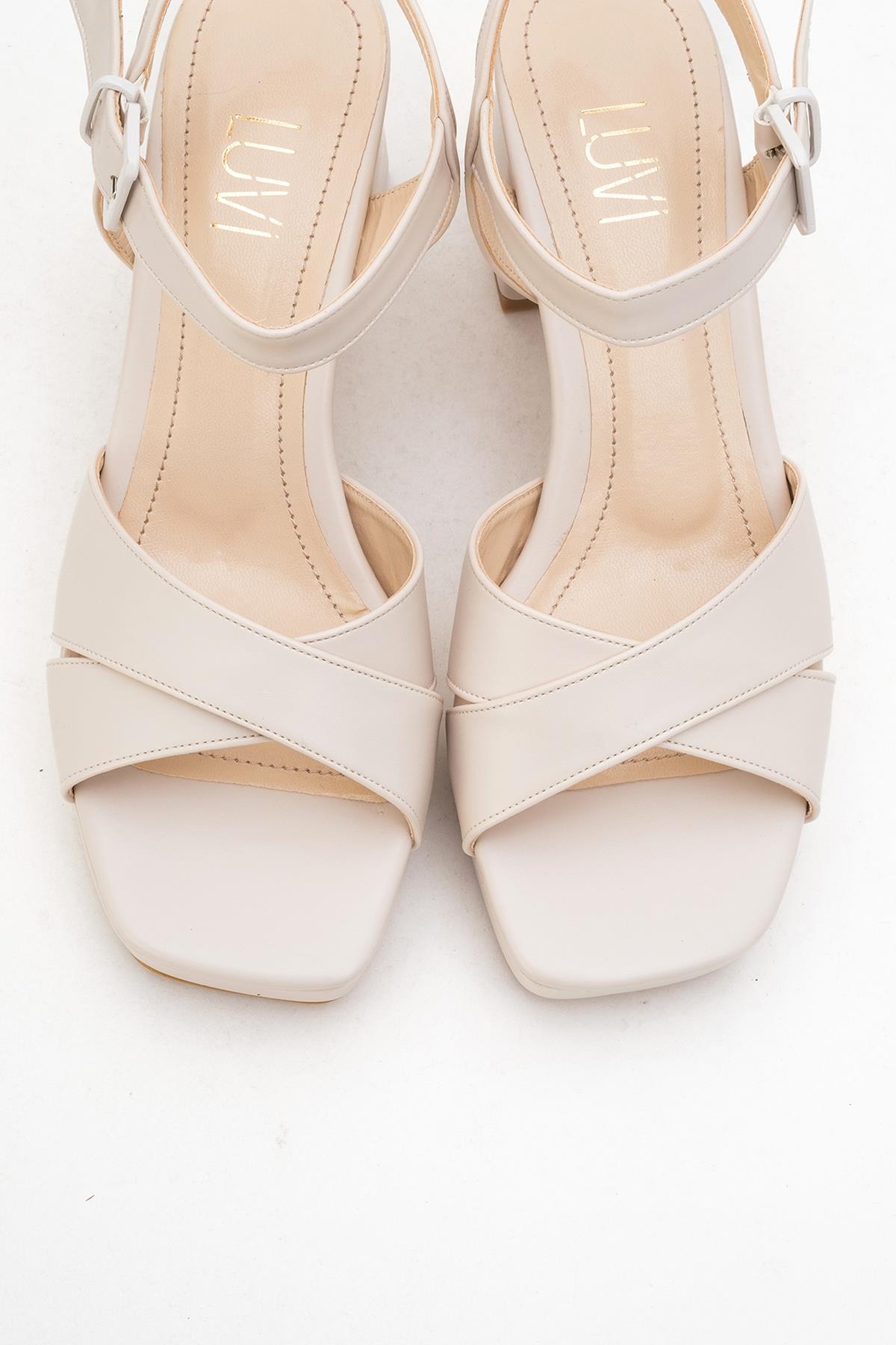 Lisbon - Beige Cross-Strap Platform Heel Shoe – side view showing leather, Vowalisse