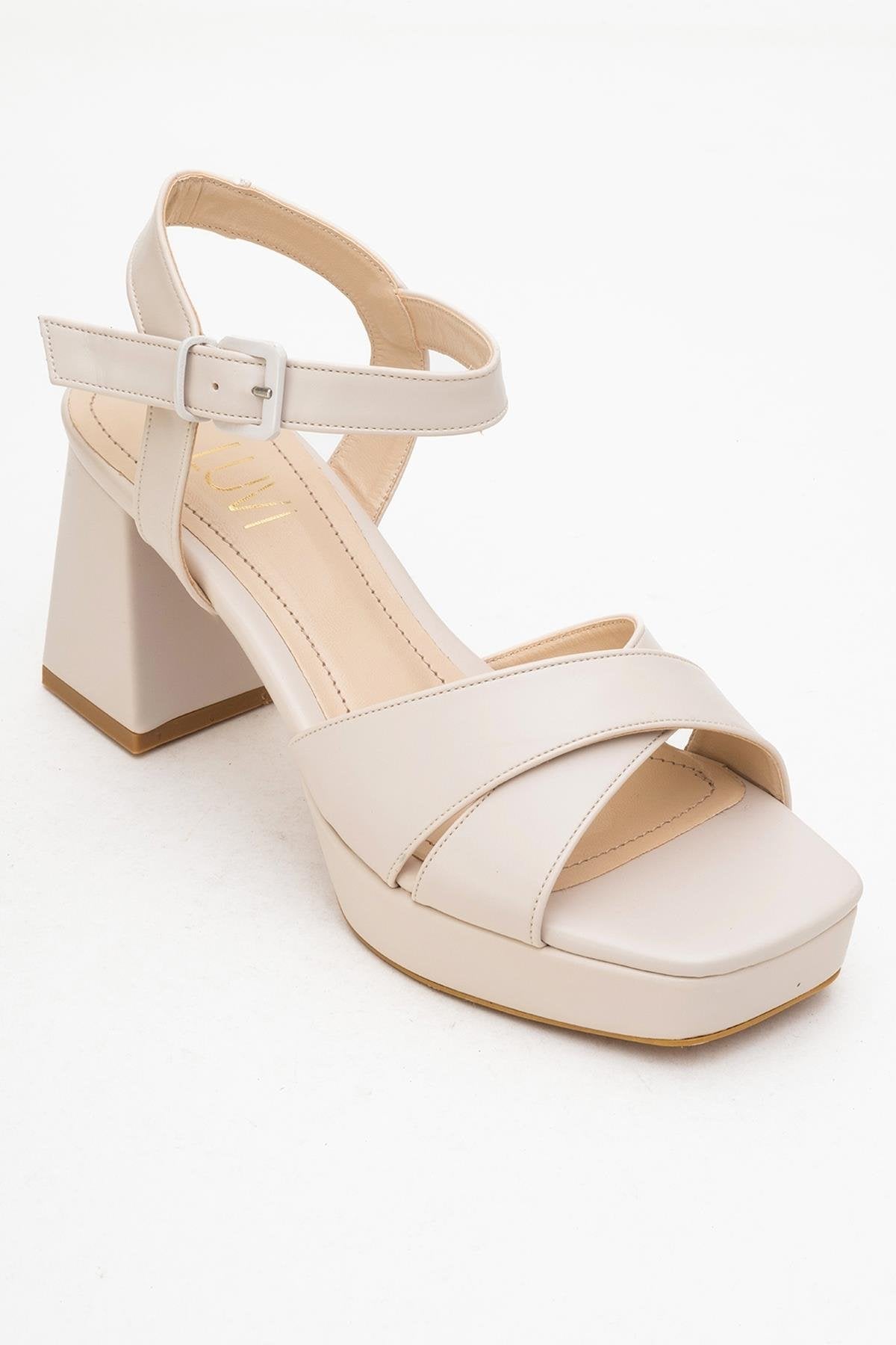 Lisbon - Beige Cross-Strap Platform Heel Shoe – detail view showing leather, Vowalisse