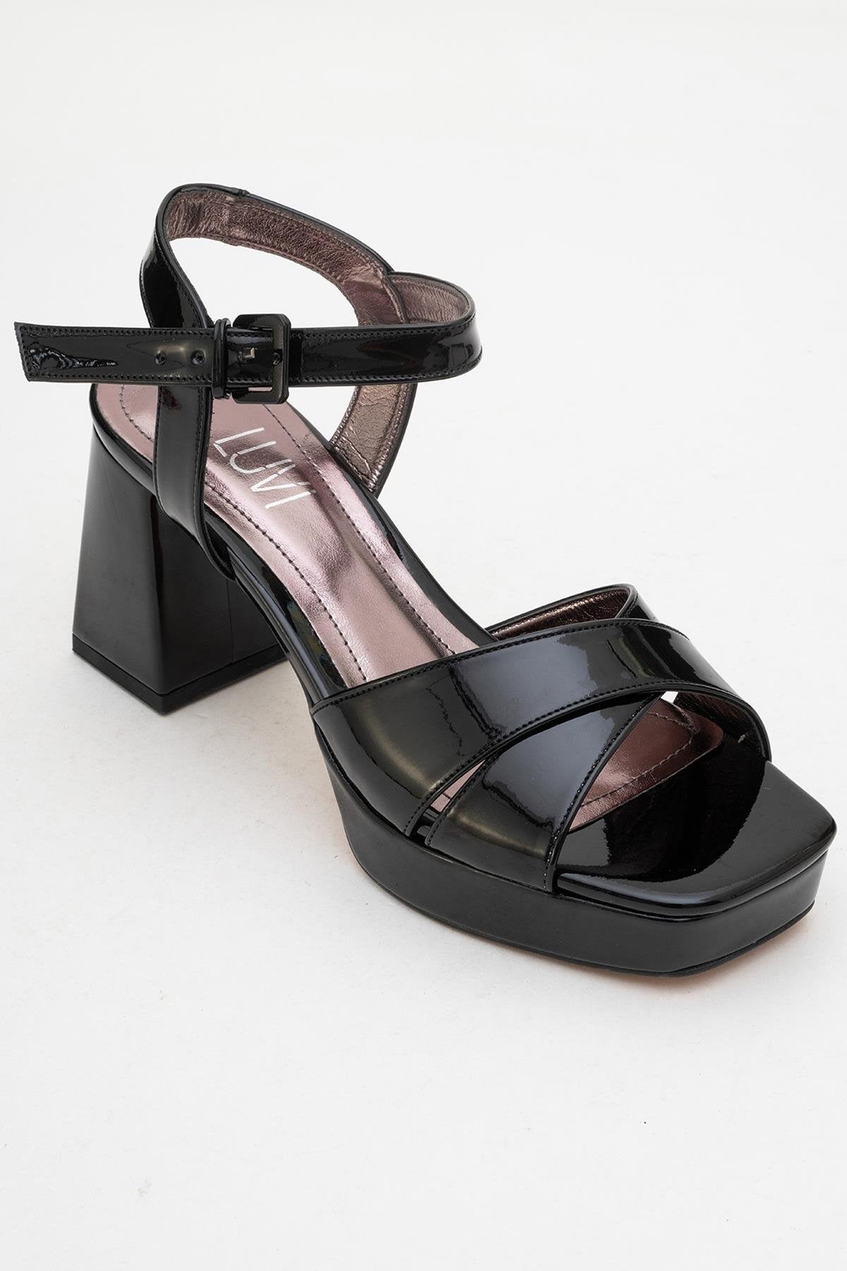 Lisbon - Black Patent Platform Heel Shoe – detail view showing leather, black, Vowalisse