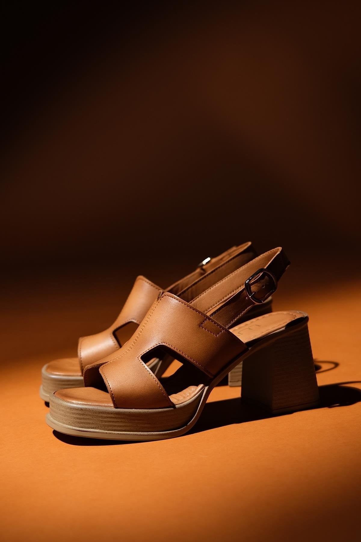 Zennia - Cognac Brown Leather Platform Sandal – sole view showing leather, Vowalisse