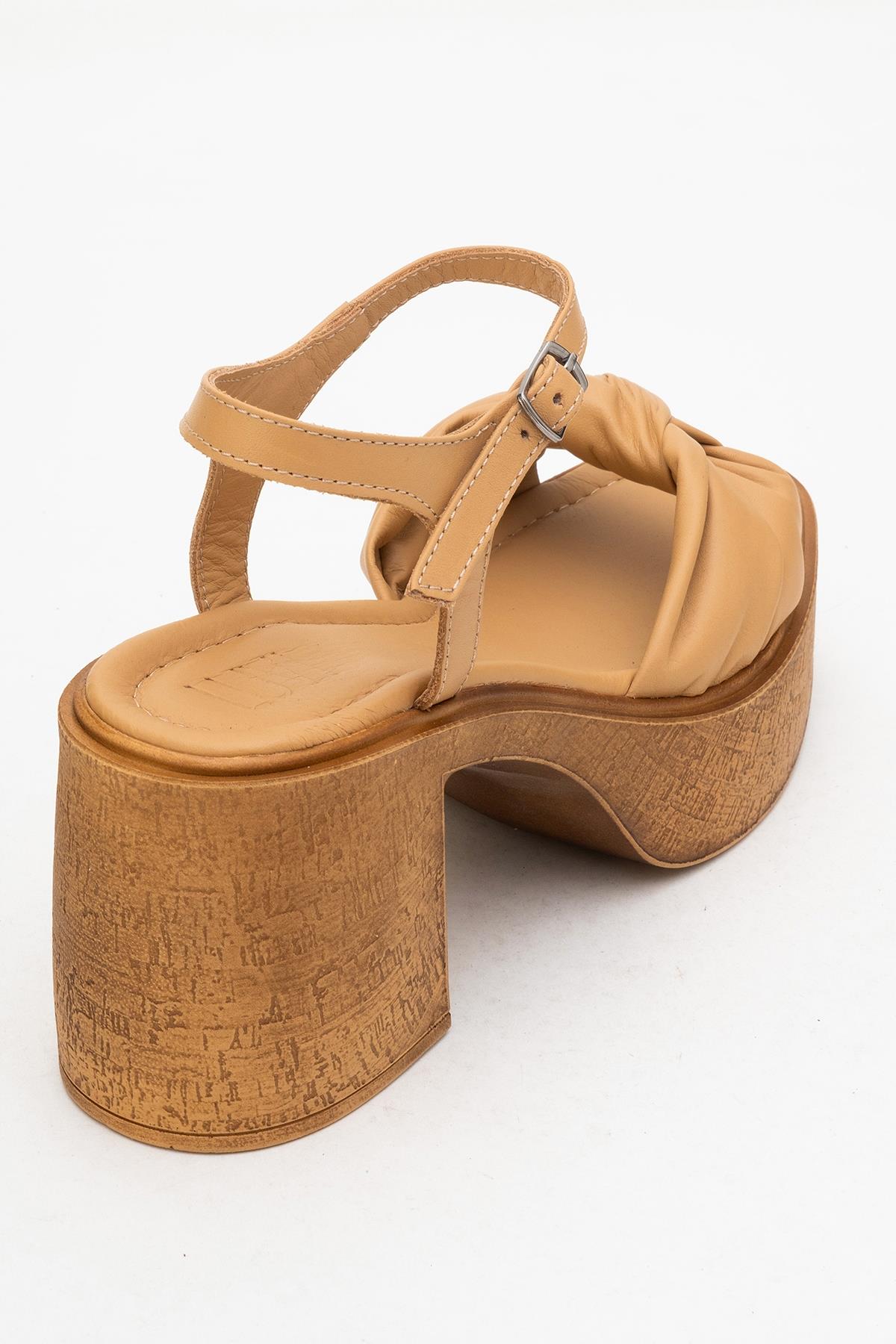 Tily - Cognac Platform Wedge Leather Sandal – back view showing leather, Vowalisse