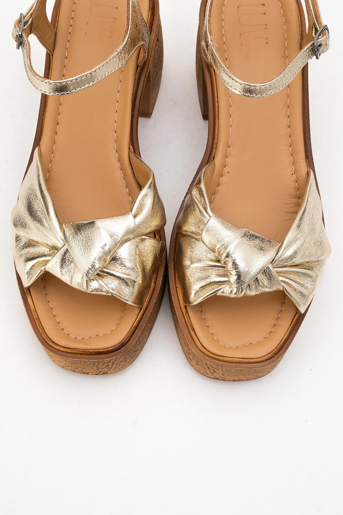 Tily - Gold Platform Wedge Leather Sandal – side view showing leather, gold, Vowalisse