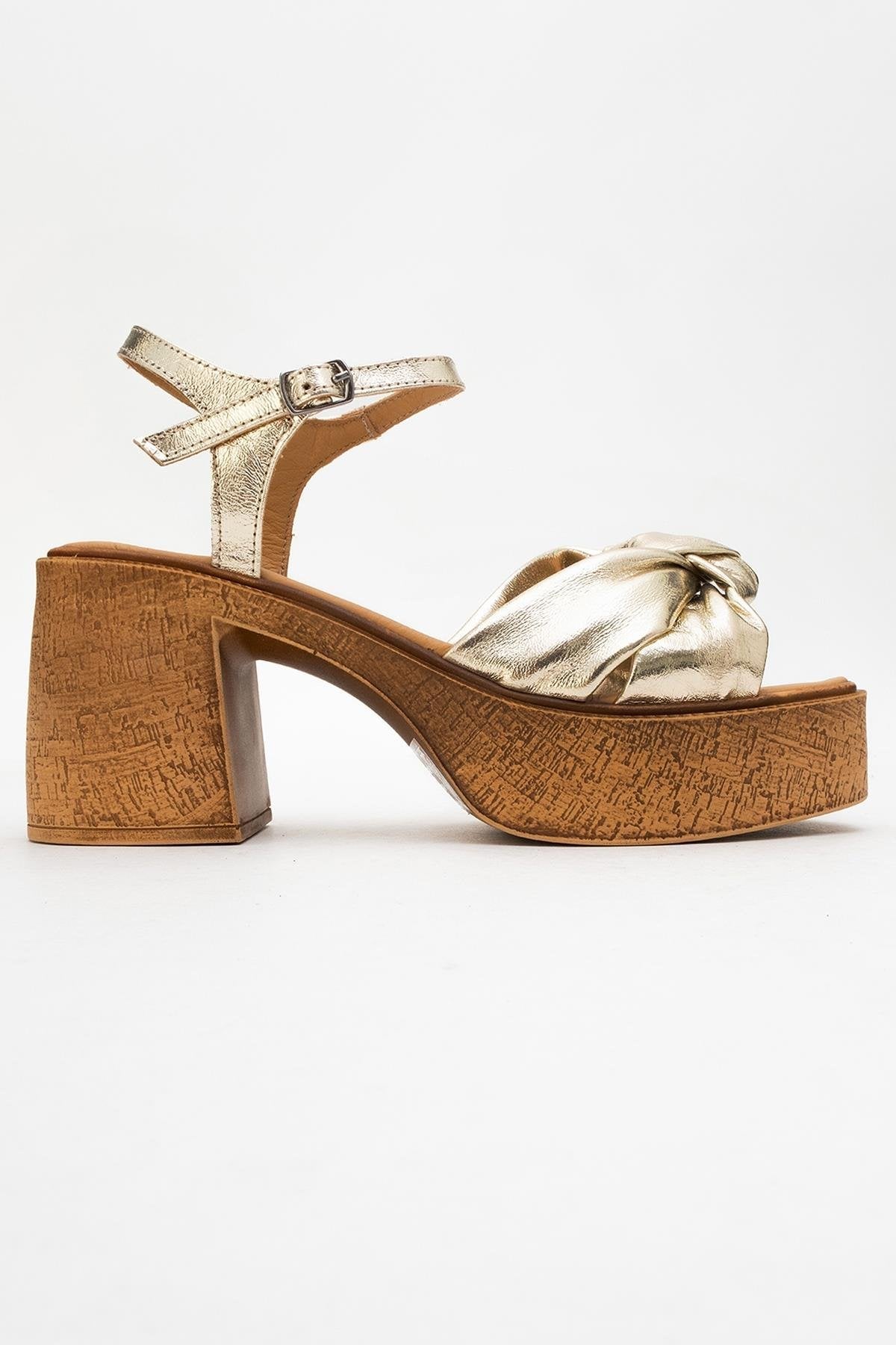 Tily - Gold Platform Wedge Leather Sandal – top view showing leather, gold, Vowalisse