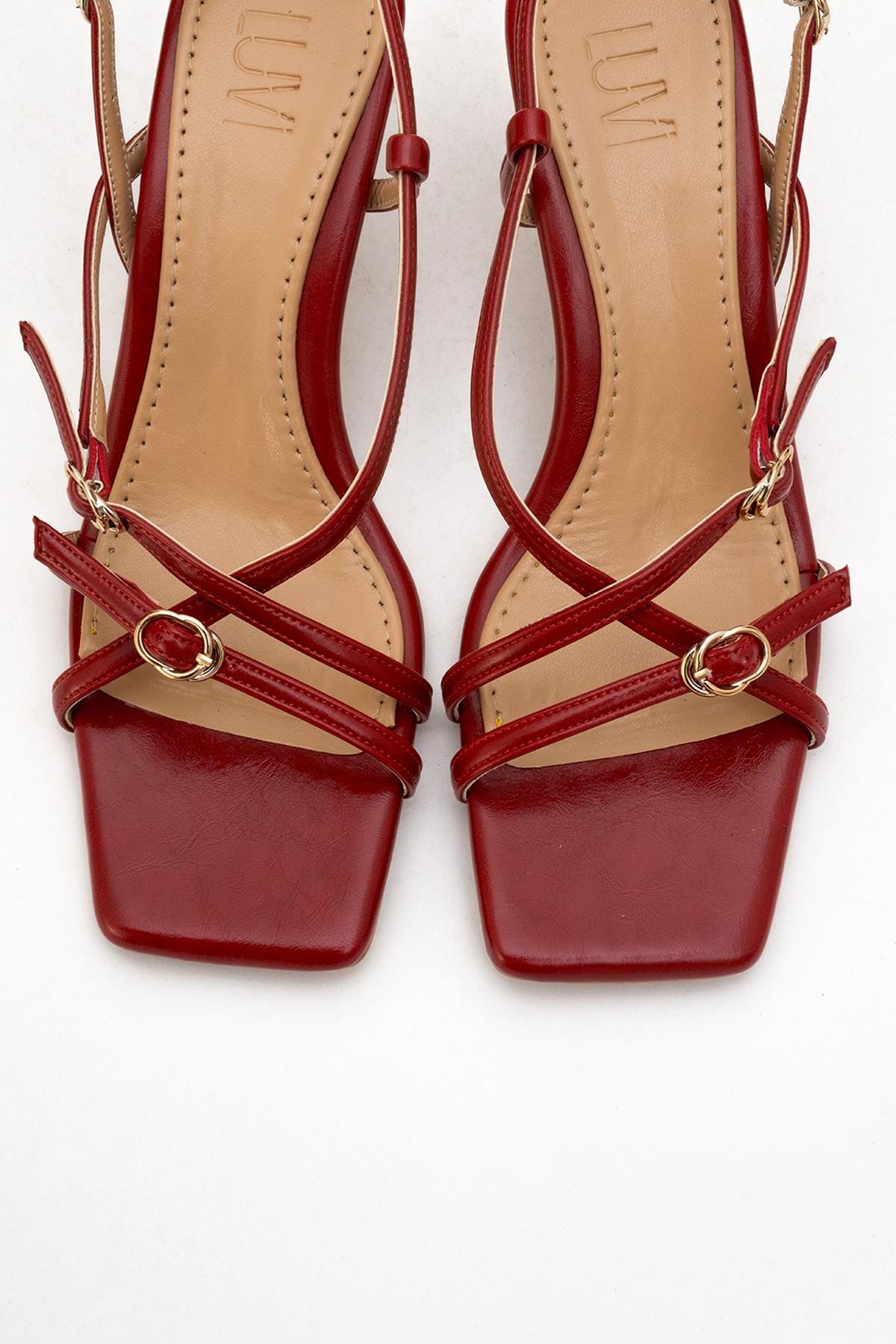 Chaka - Red Buckled Square Toe Heeled Sandal – side view showing leather, red, Vowalisse