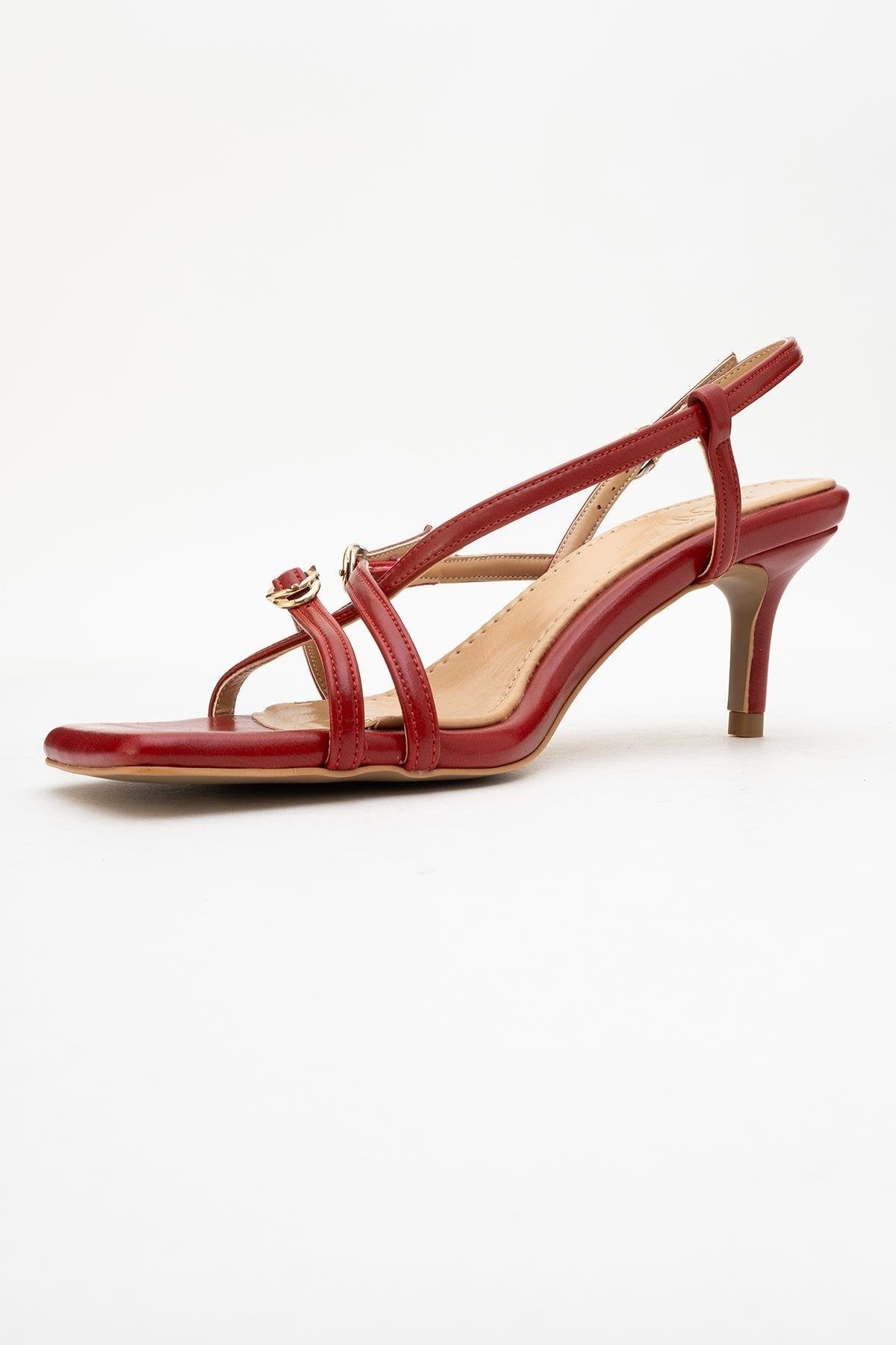 Chaka - Red Buckled Square Toe Heeled Sandal – heel view showing leather, red, Vowalisse