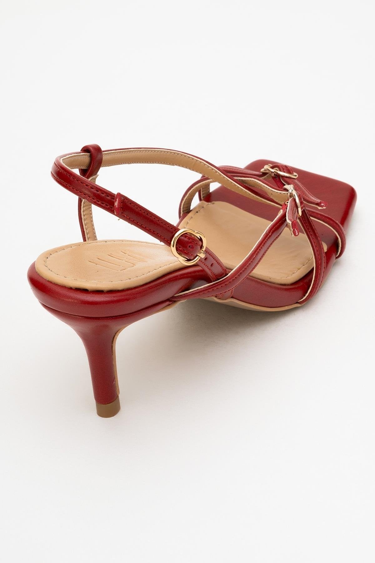 Chaka - Red Buckled Square Toe Heeled Sandal – back view showing leather, red, Vowalisse
