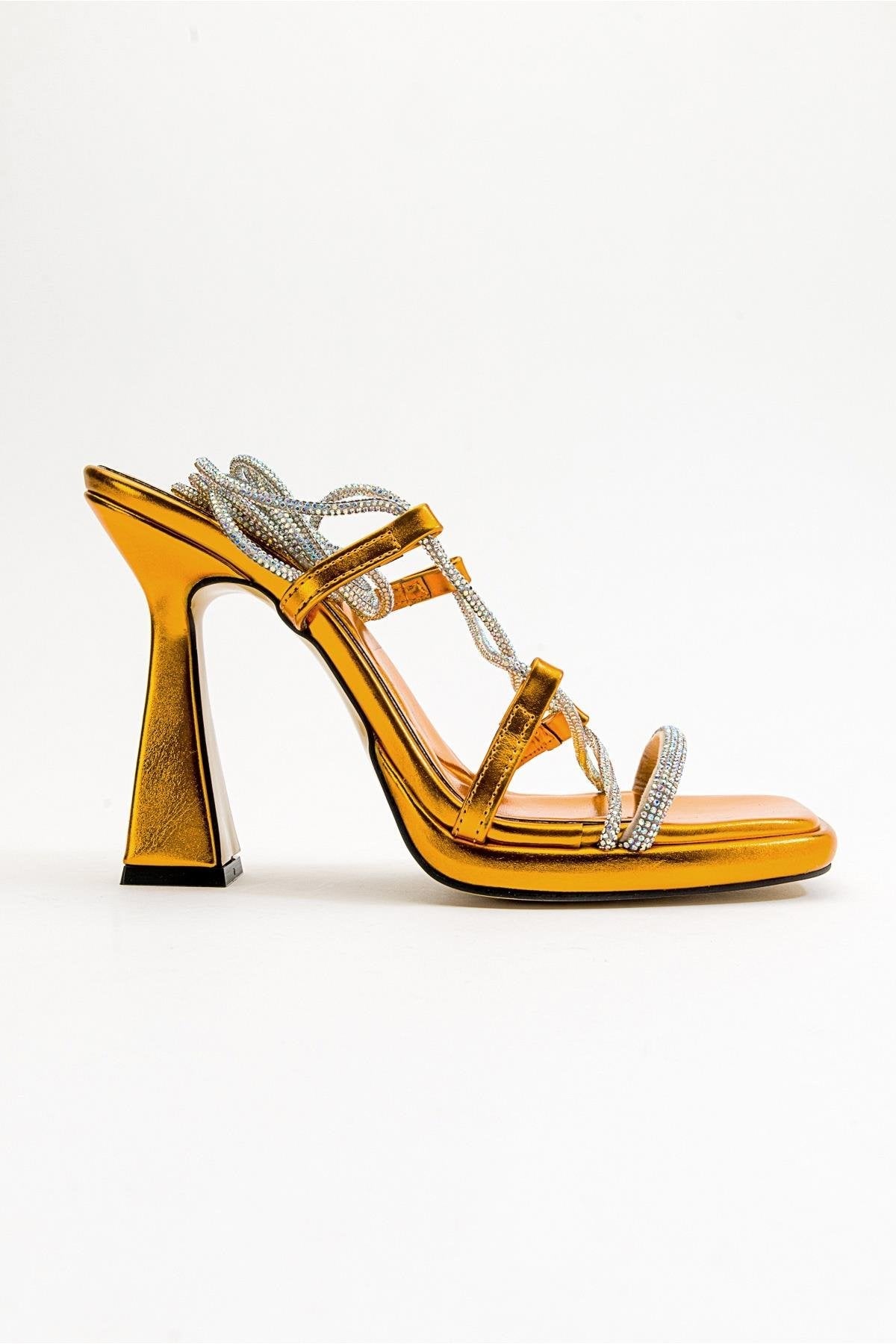 Mezzo - Metallic Orange Heeled Sandal – sole view showing leather, metallic, Vowalisse