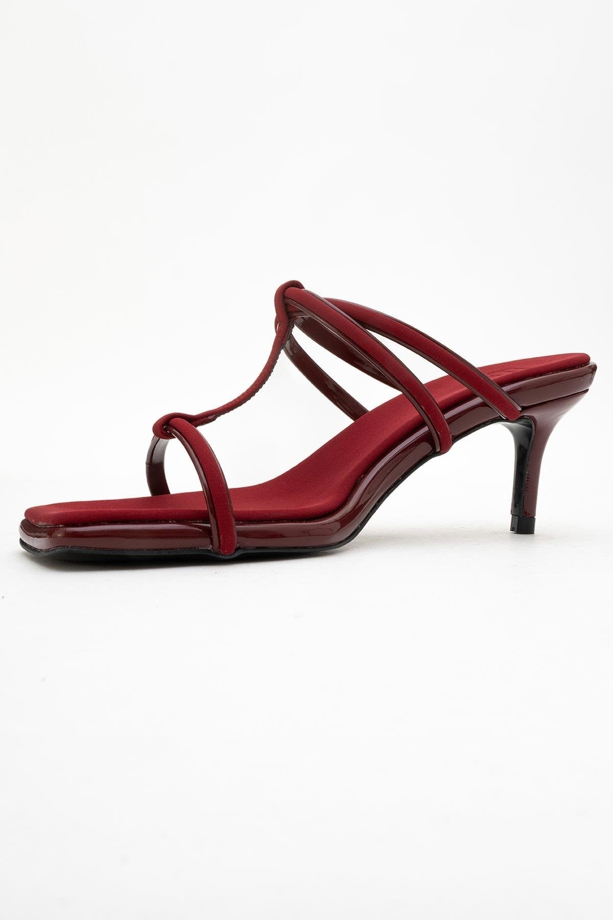 Mocha Burgundy Square‑Toe Thin‑Strap Heel Sandal – heel view showing leather, red, Vowalisse