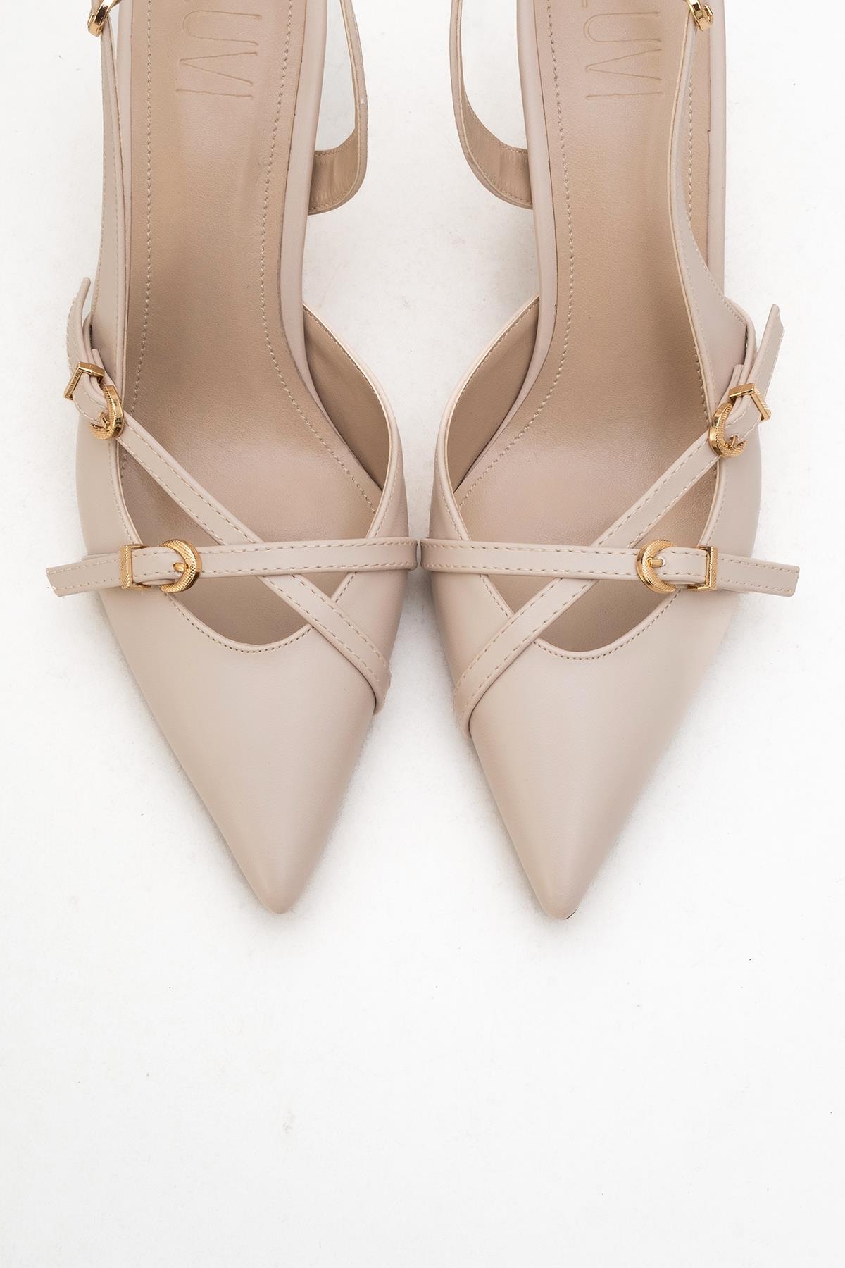 Biana - Beige Pointed Toe Stiletto Pump – side view showing leather, Vowalisse