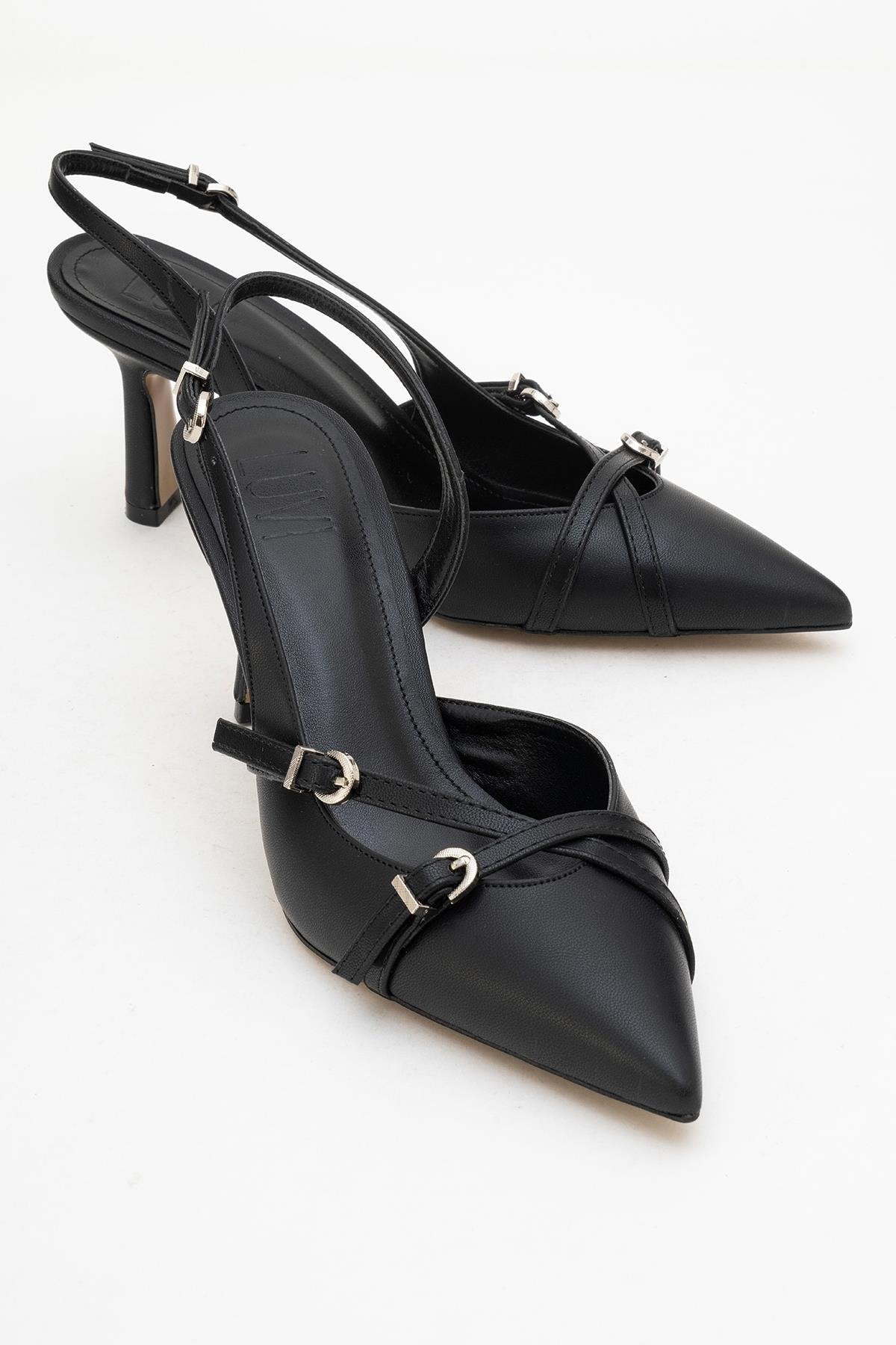 Biana - Black Buckle Pointed Toe Pump – front three-quarter view showing leather, black, Vowalisse