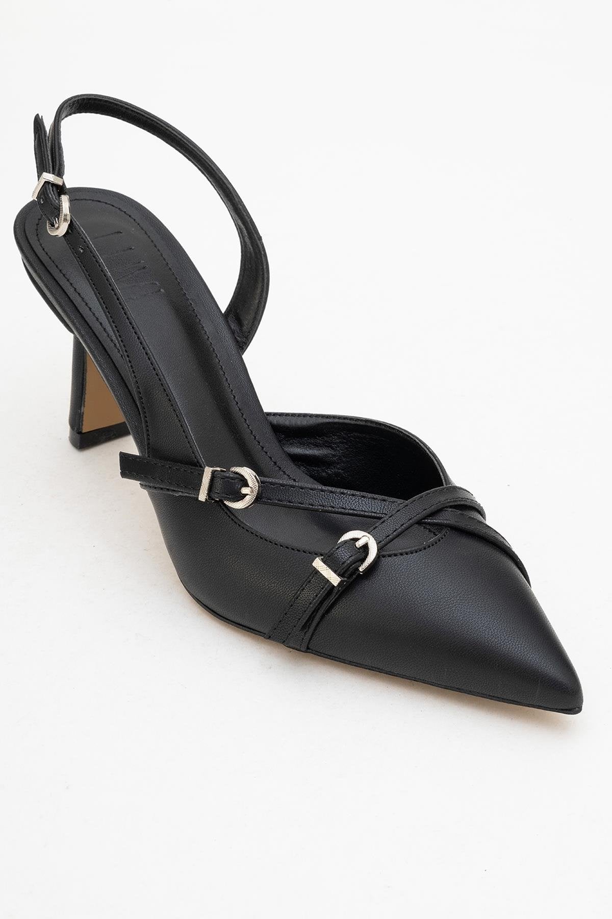 Biana - Black Buckle Pointed Toe Pump – detail view showing leather, black, Vowalisse