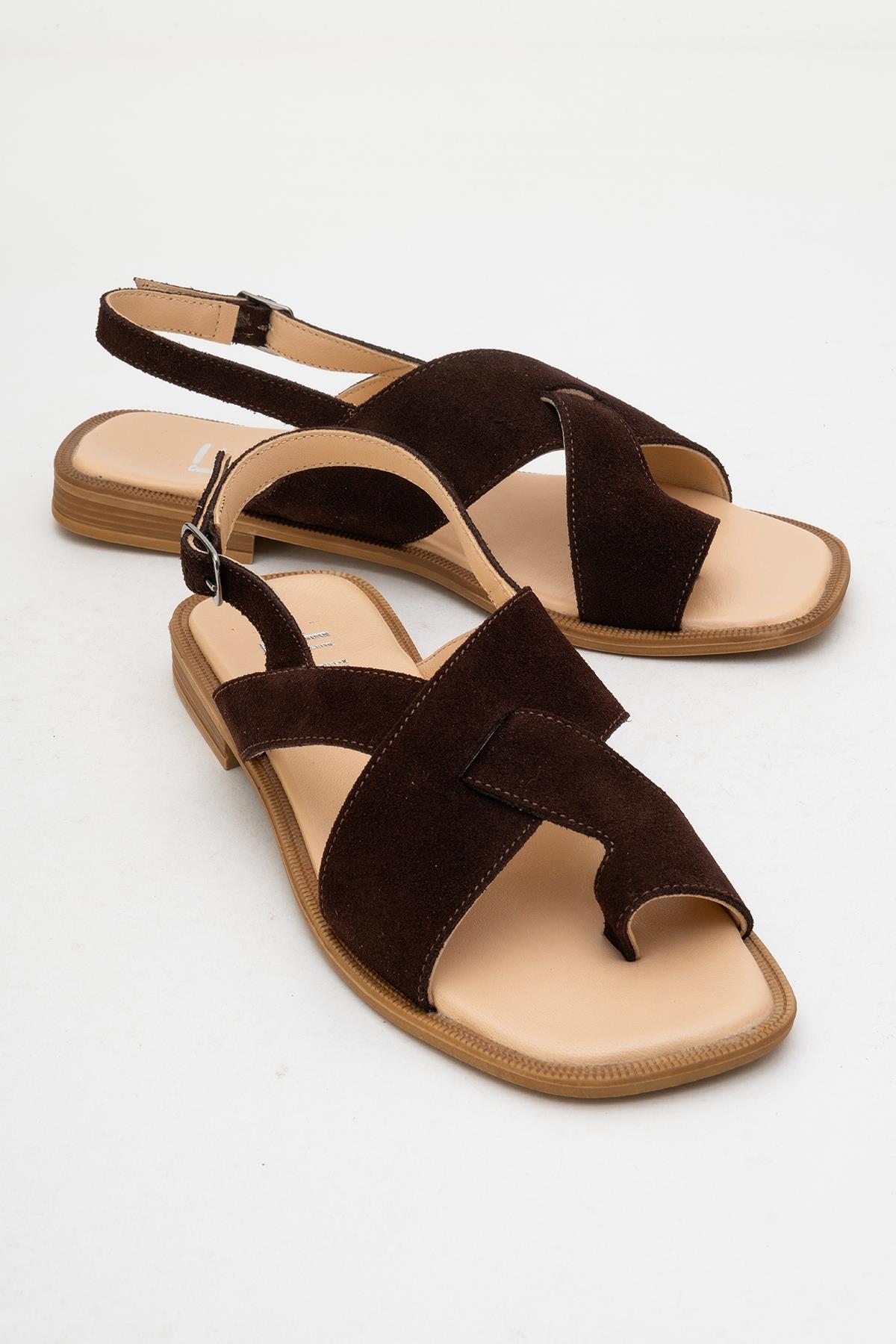 Louna - Brown Suede Leather Thong Sandals – front three-quarter view showing leather, suede, Vowalisse
