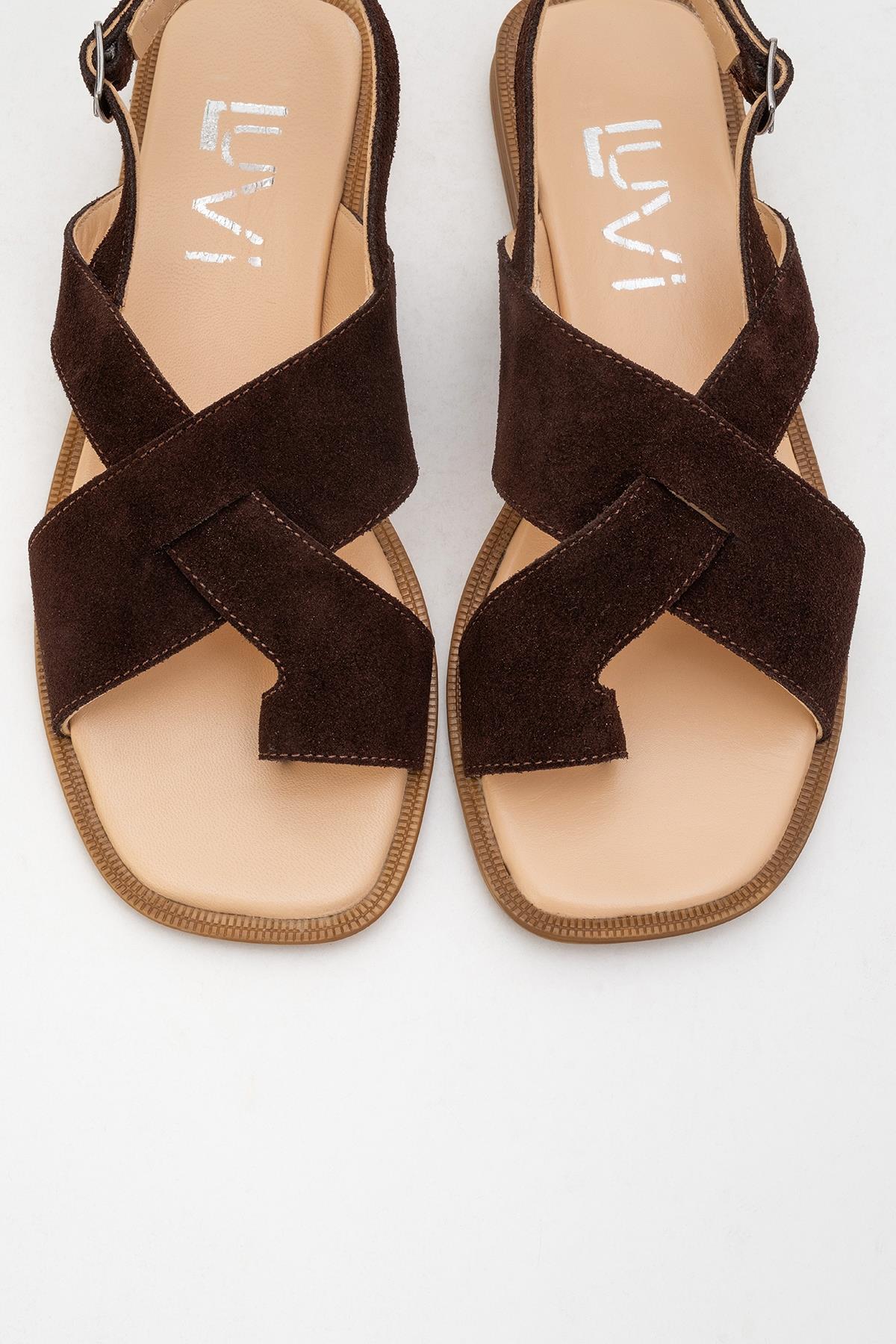 Louna - Brown Suede Leather Thong Sandals – side view showing leather, suede, Vowalisse