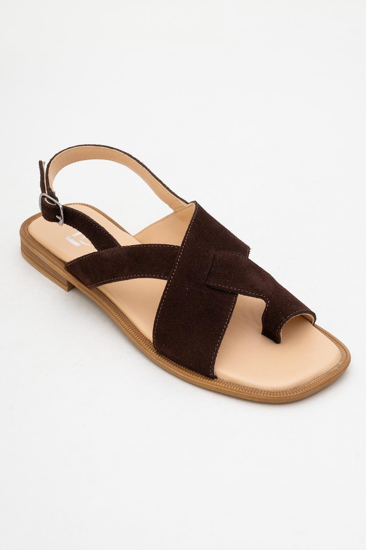 Louna - Brown Suede Leather Thong Sandals – detail view showing leather, suede, Vowalisse