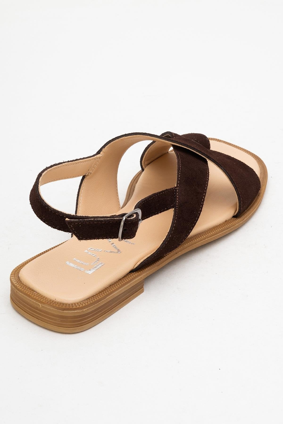 Louna - Brown Suede Leather Thong Sandals – back view showing leather, suede, Vowalisse