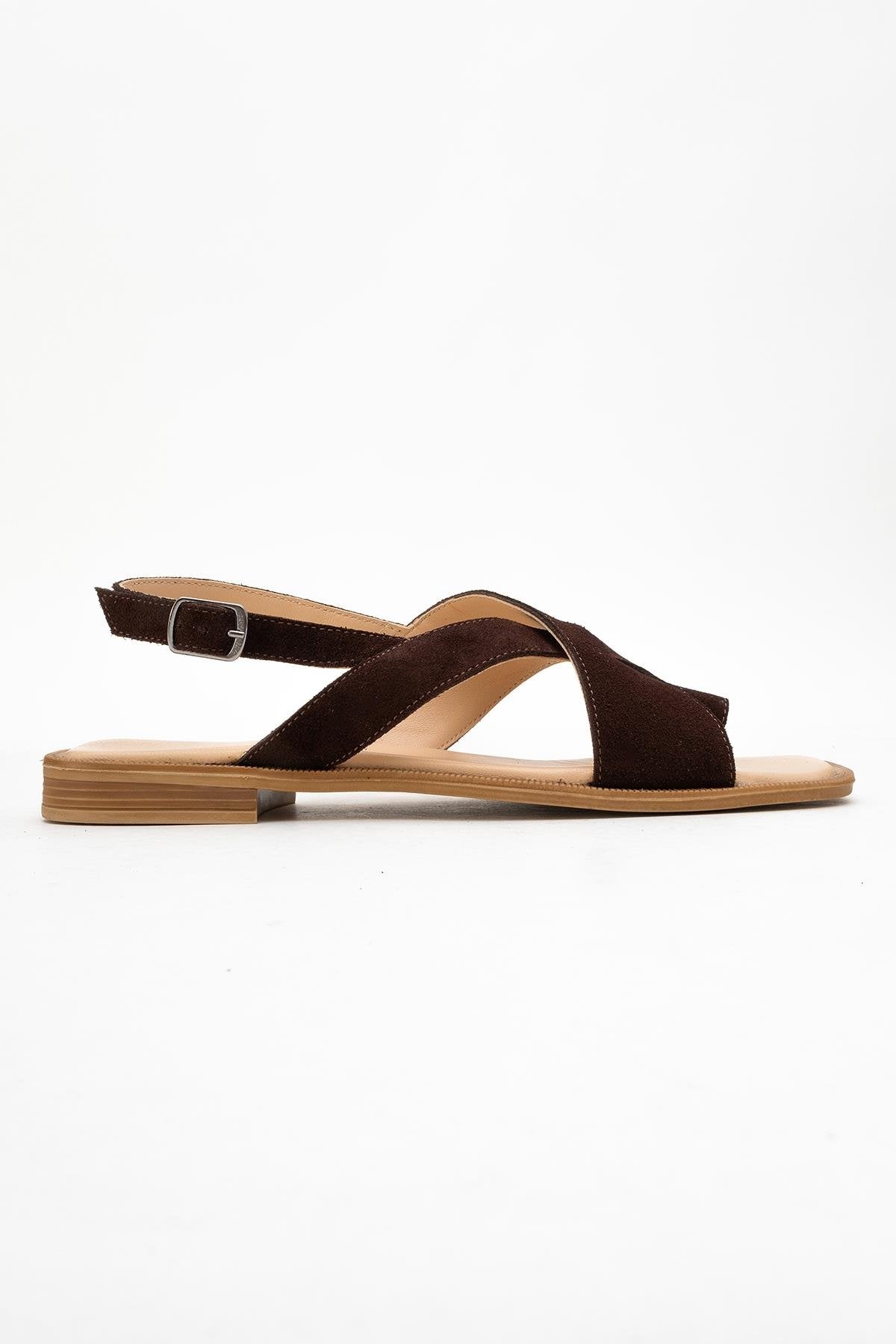 Louna - Brown Suede Leather Thong Sandals – top view showing leather, suede, Vowalisse