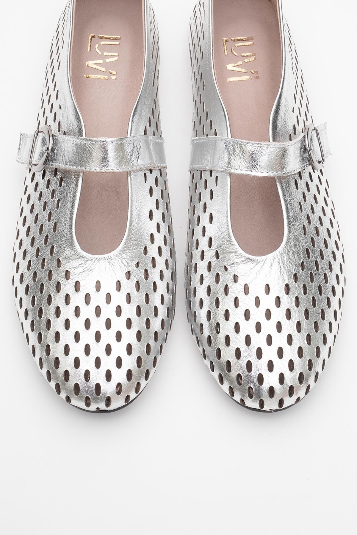 Arian Silver Leather Ballet Flat – side view showing leather, silver, red, Vowalisse