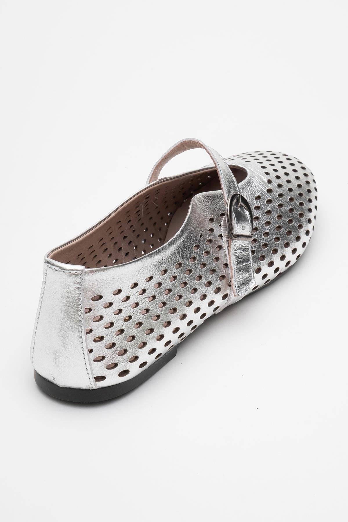 Arian Silver Leather Ballet Flat – back view showing leather, silver, red, Vowalisse